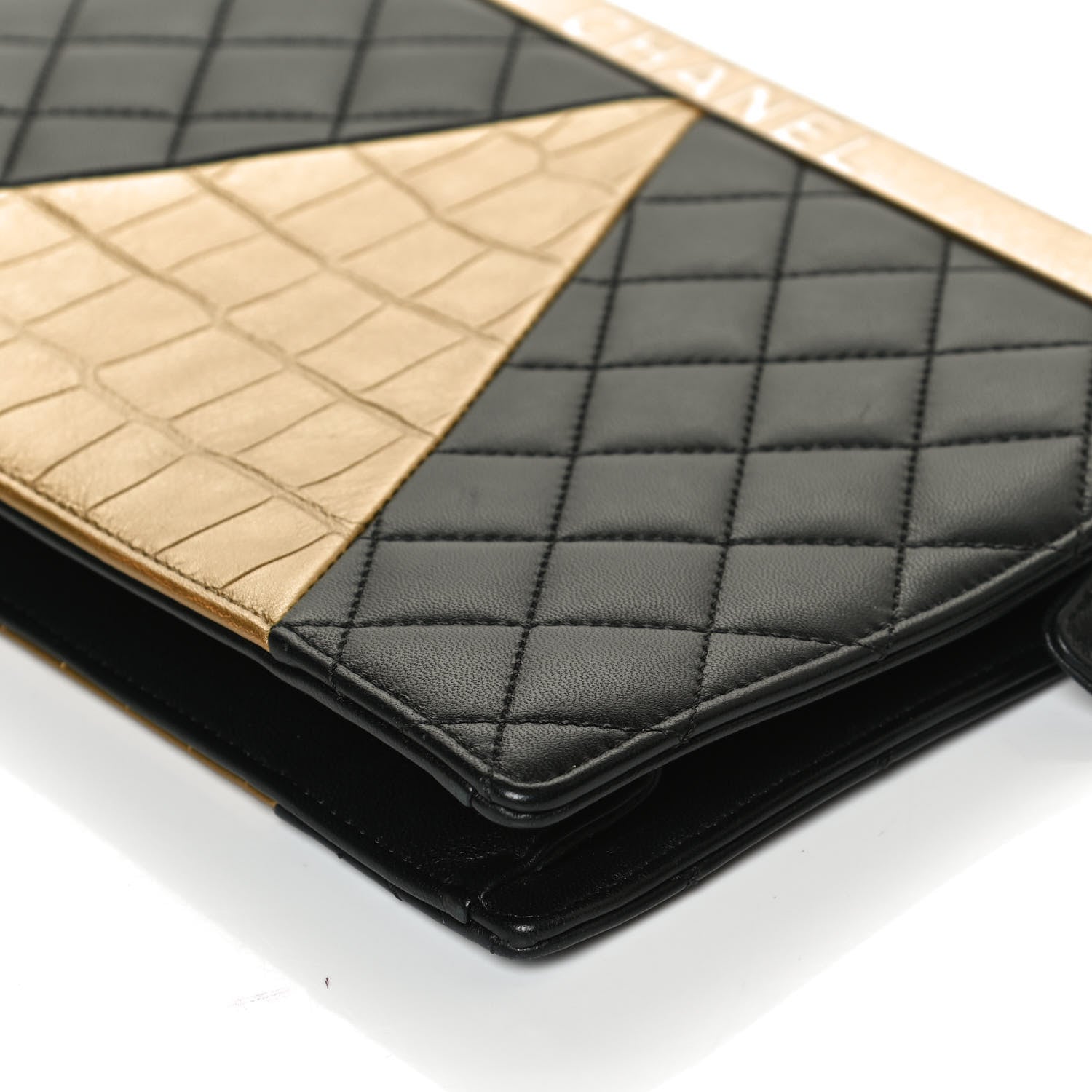 Chanel Lambskin Metallic Calfskin Crocodile Embossed Clutch Black Gold 12 of 15