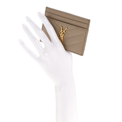Saint Laurent Grain De Poudre Matelasse Chevron Monogram Credit Card Case Dark Beige 2 of 9