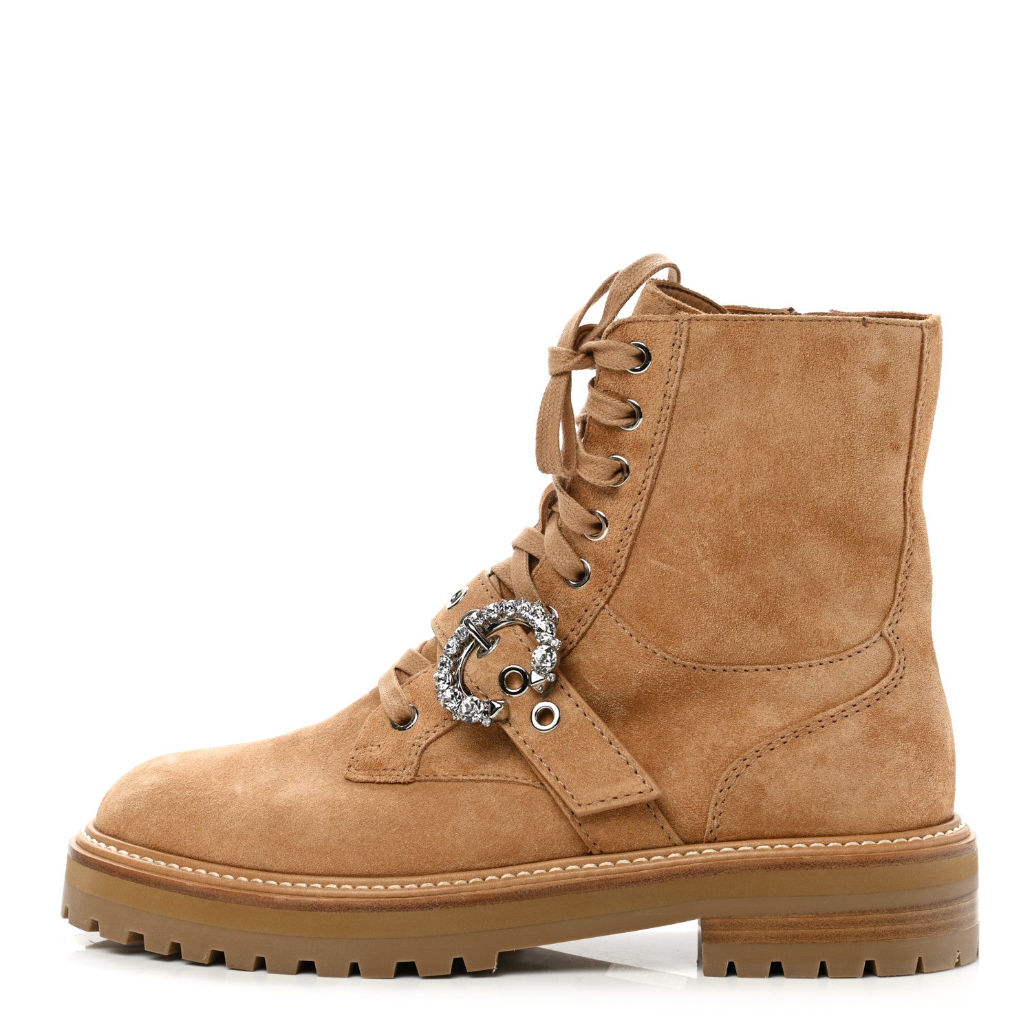 Jimmy Choo Suede Crystal Embellished Cora Flat Combat Boots 40 Caramel 1 of 8