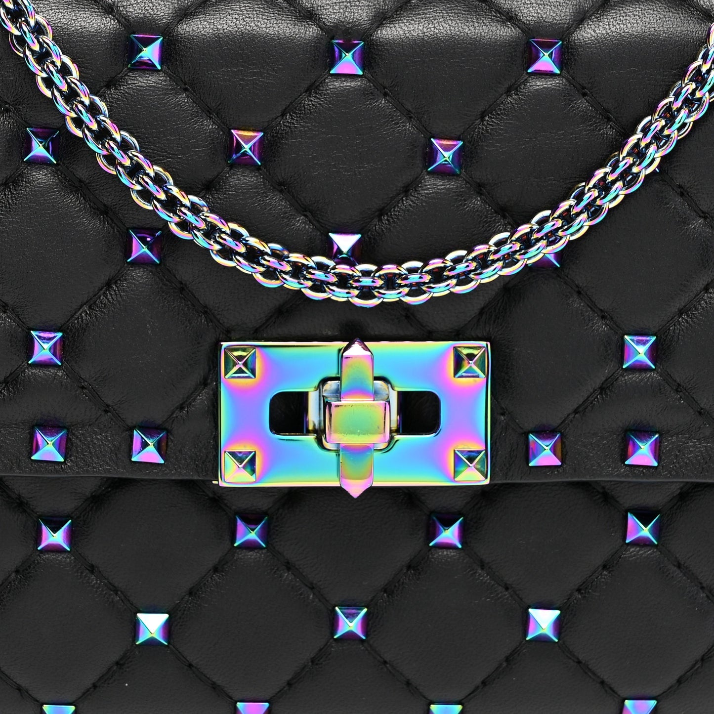 Lambskin Oil Slick Rockstud Spike Wallet on Chain Black