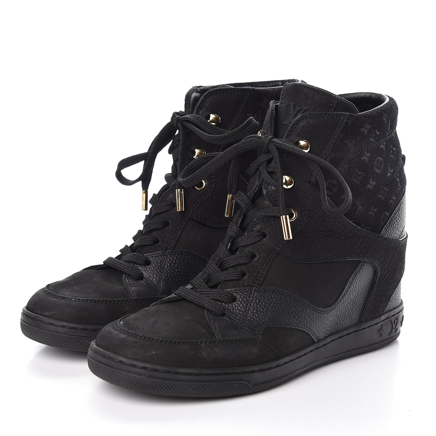 Calfskin Suede Monogram Cliff Top Wedge Sneakers 38 Black