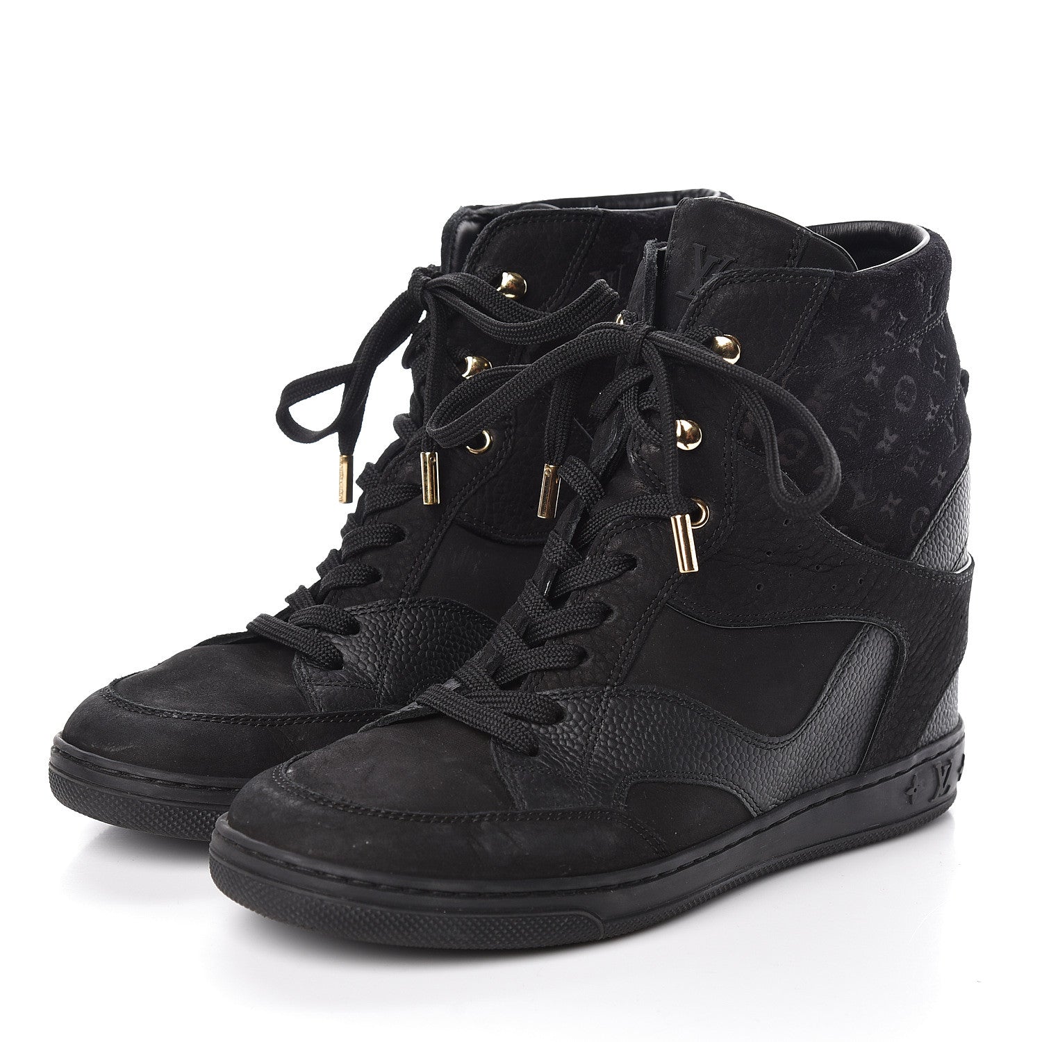 Louis Vuitton Calfskin Suede Monogram Cliff Top Wedge Sneakers 38 Black 3 of 10