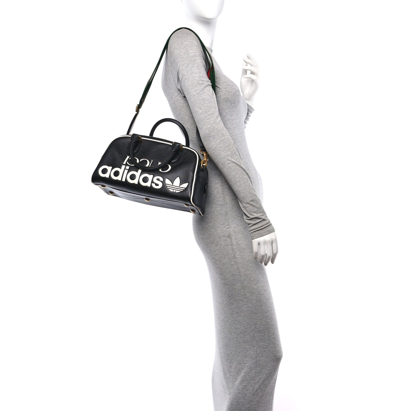 X ADIDAS Textured Dollar Calfskin Web Trefoil Logo Embossed Mini Bowling Bag Black Off White
