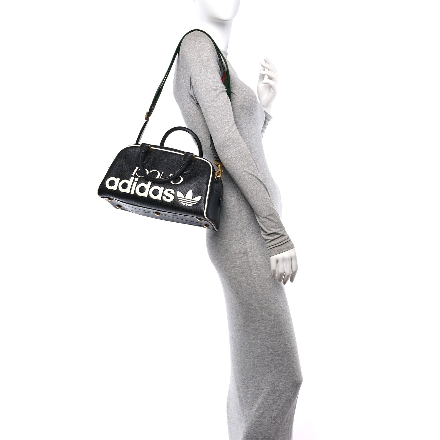 Gucci X ADIDAS Textured Dollar Calfskin Web Trefoil Logo Embossed Mini Bowling Bag Black Off White 2 of 10
