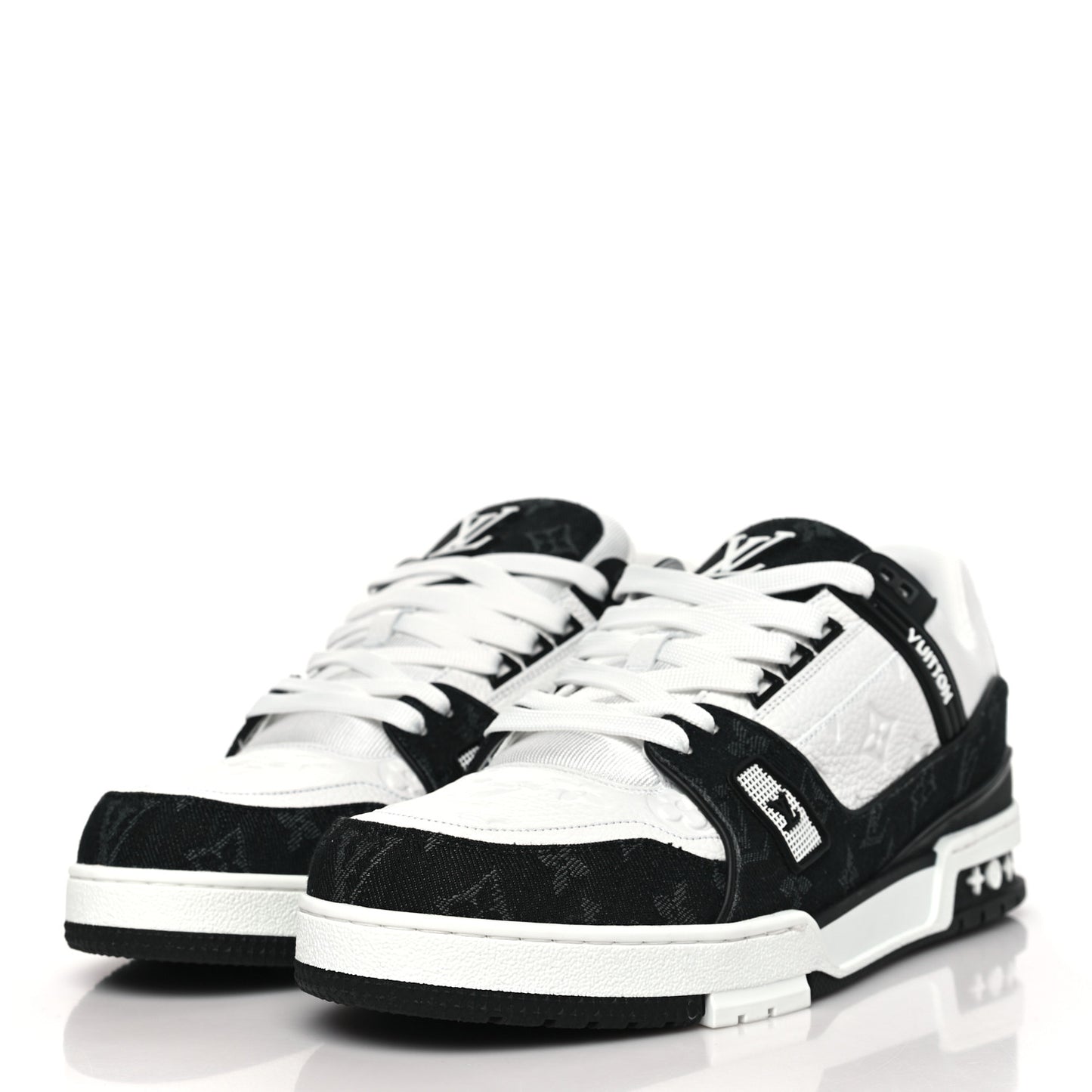 Calfskin Embossed Monogram Denim Mens LV Trainer Sneakers 12 Black