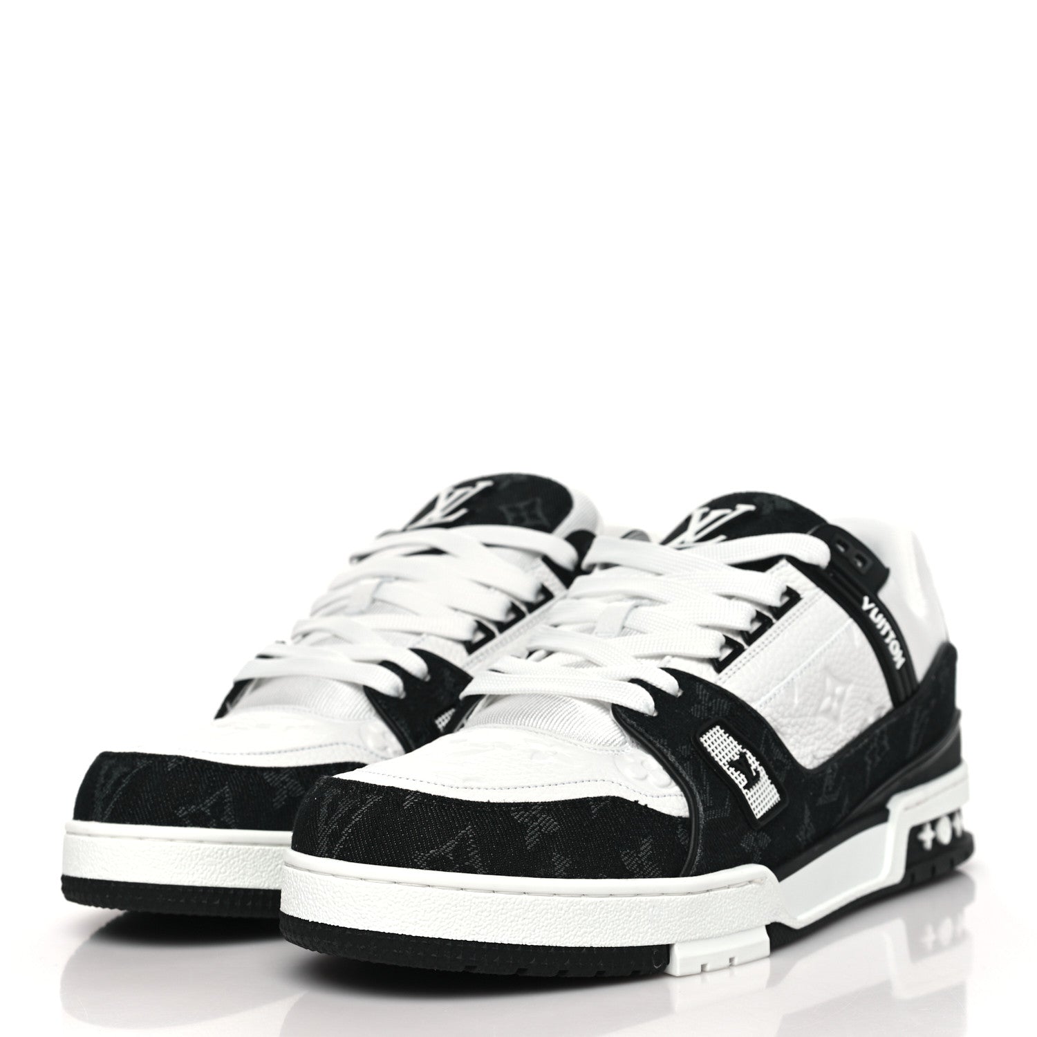 Louis Vuitton Calfskin Embossed Monogram Denim Mens LV Trainer Sneakers 12 Black 3 of 8