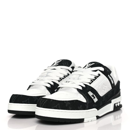 Louis Vuitton Calfskin Embossed Monogram Denim Mens LV Trainer Sneakers 12 Black 3 of 8