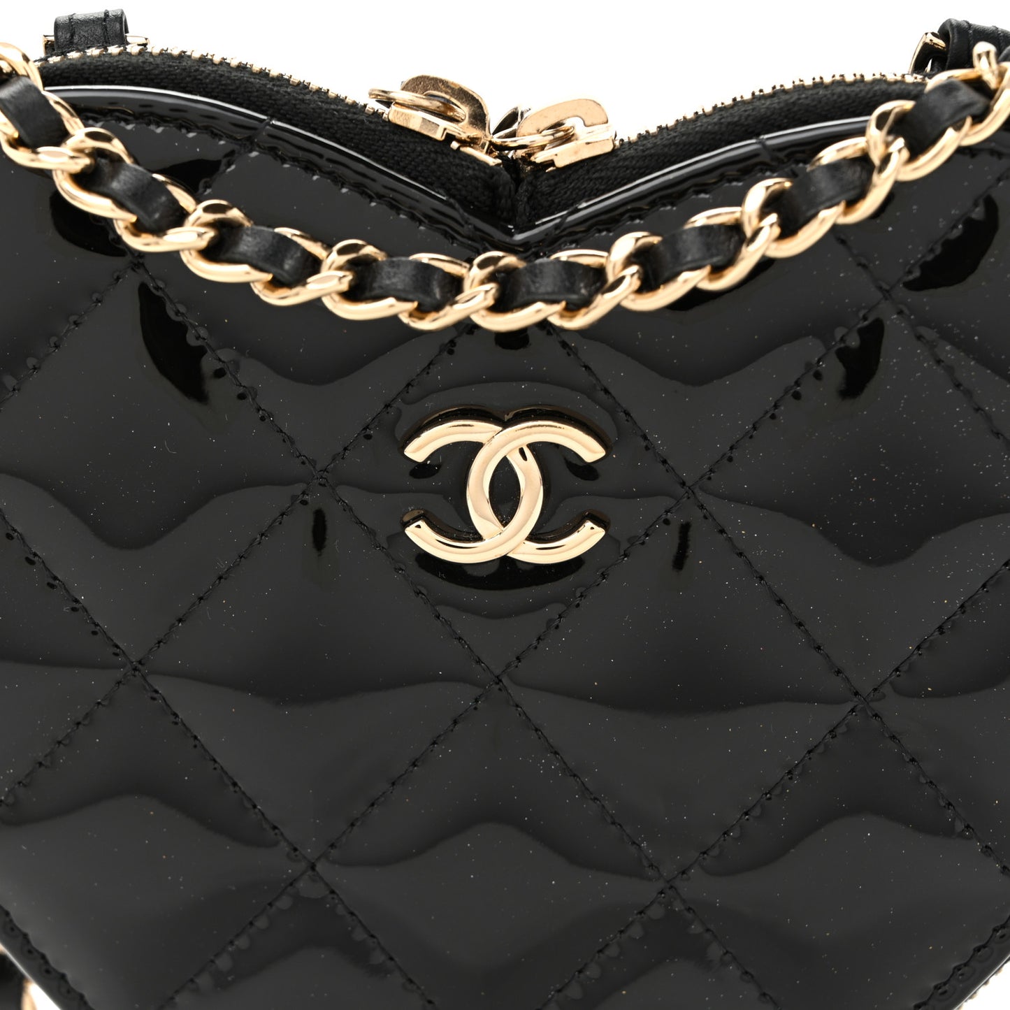 Patent Calfskin Resin Quilted CC Heart Clutch With Chain Black