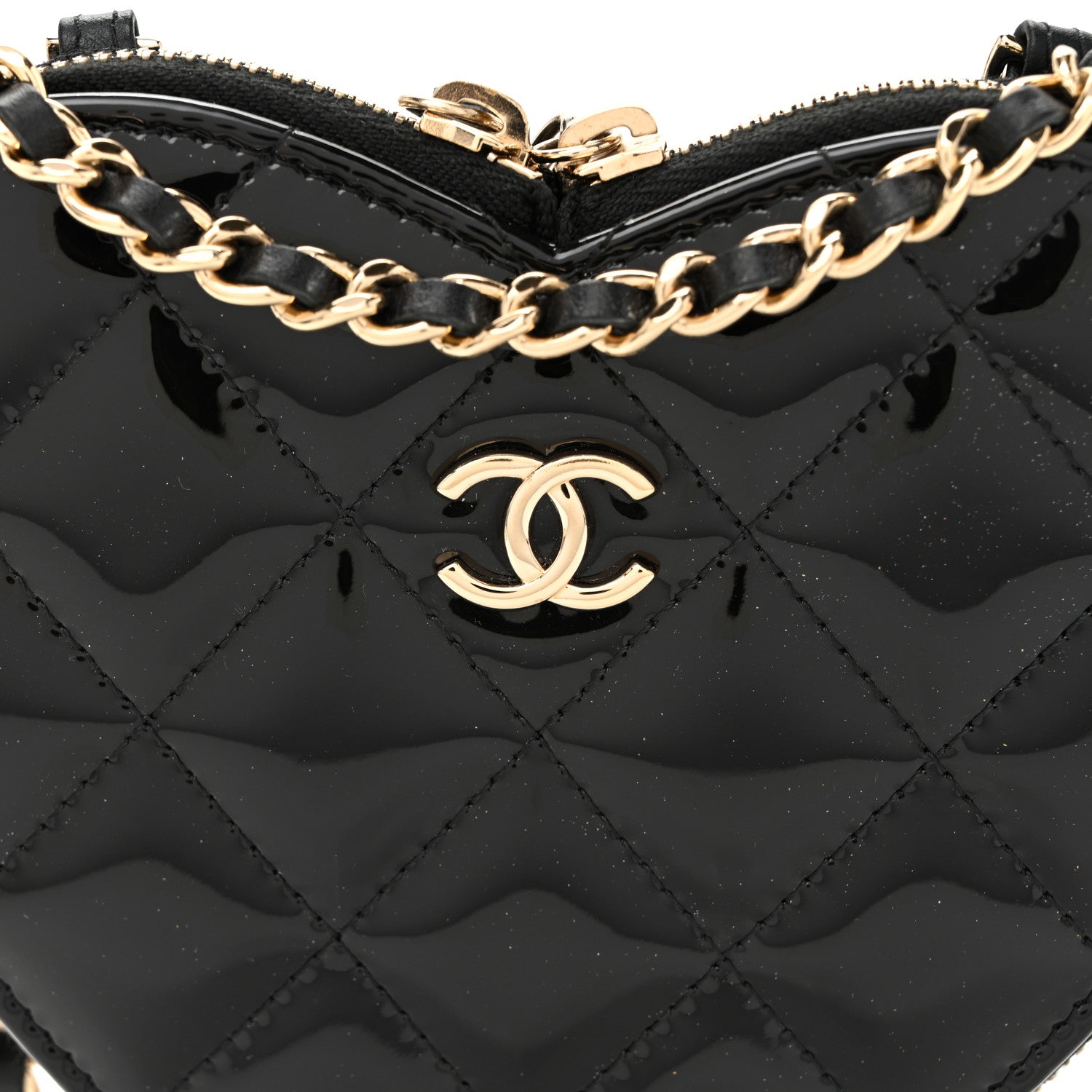Chanel Patent Calfskin Resin Quilted CC Heart Clutch With Chain Black 11 of 15
