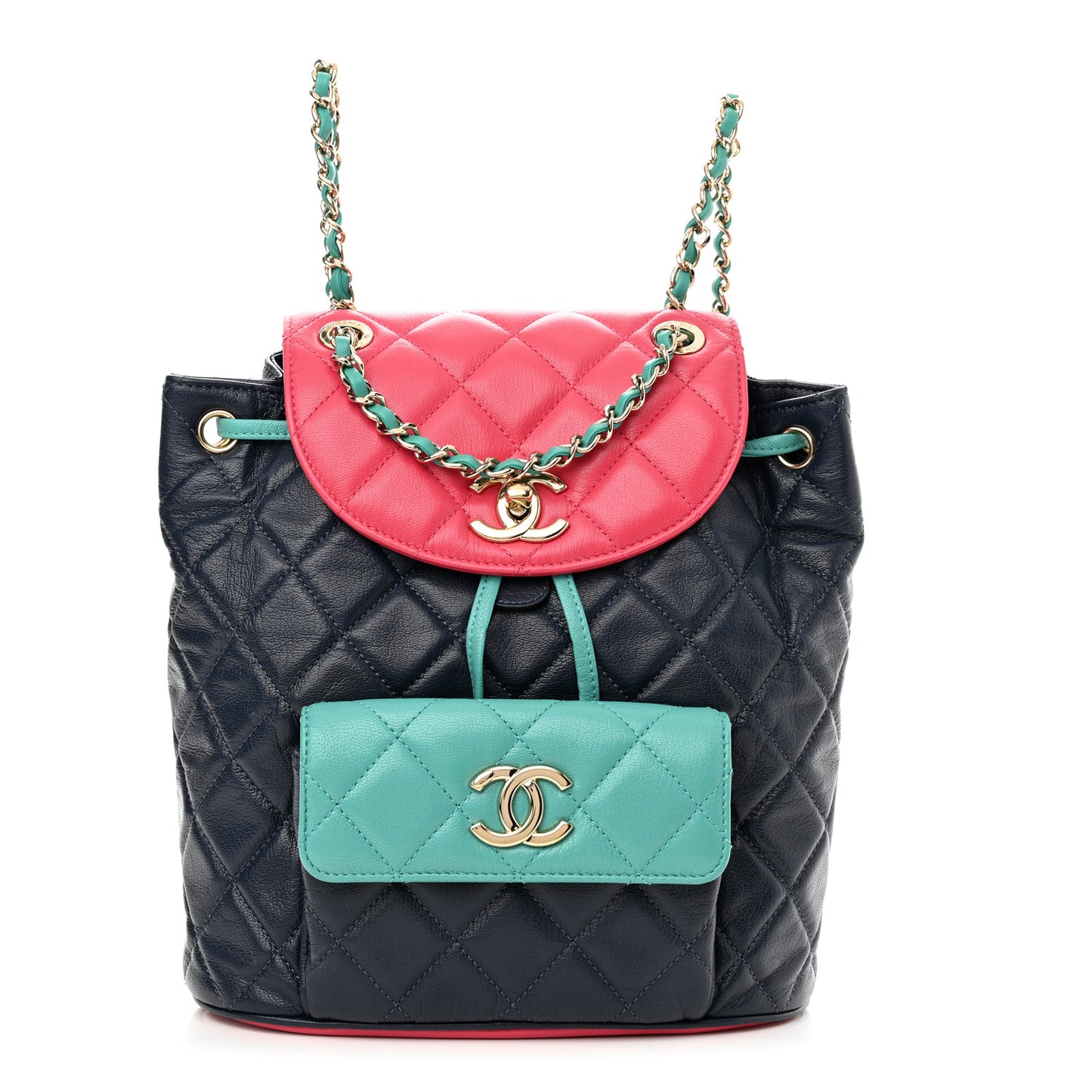 Goatskin Quilted Duma Drawstring Backpack Navy Turquoise Pink