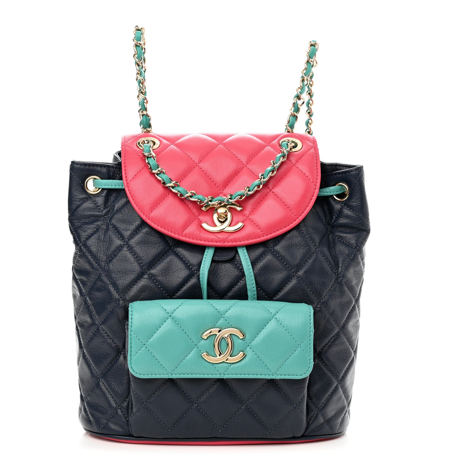 Chanel Goatskin Quilted Duma Drawstring Backpack Navy Turquoise Pink 1 of 11
