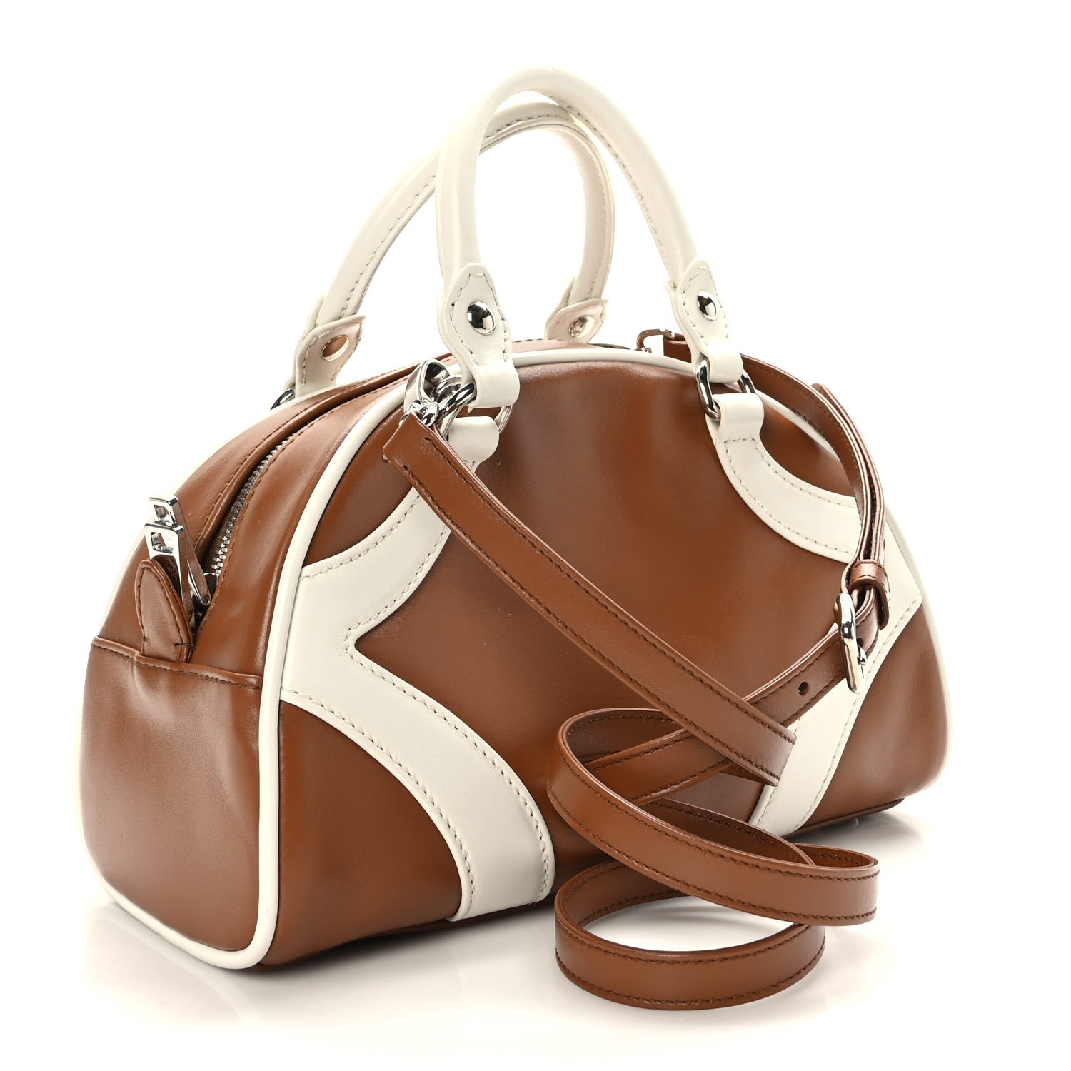 Prada Soft Calfskin Bowling Crossbody Bag Cognac White 2 of 7