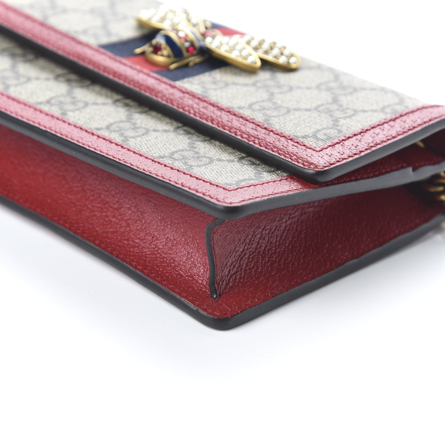 GG Supreme Monogram Web Queen Margaret Chain Wallet Red