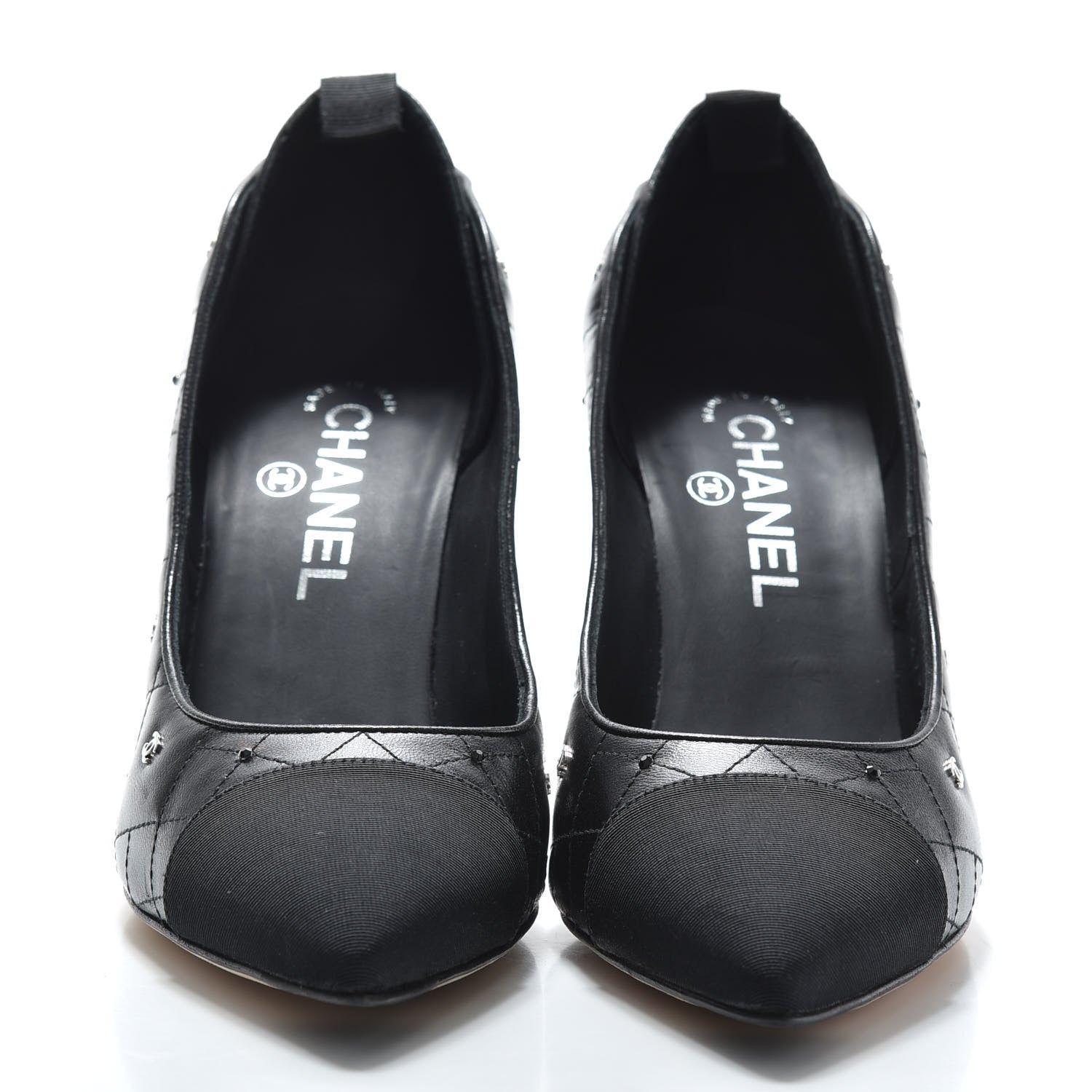 Chanel Lambskin Grosgrain Quilted Cap Toe CC Pumps 37.5 Black 2 of 7