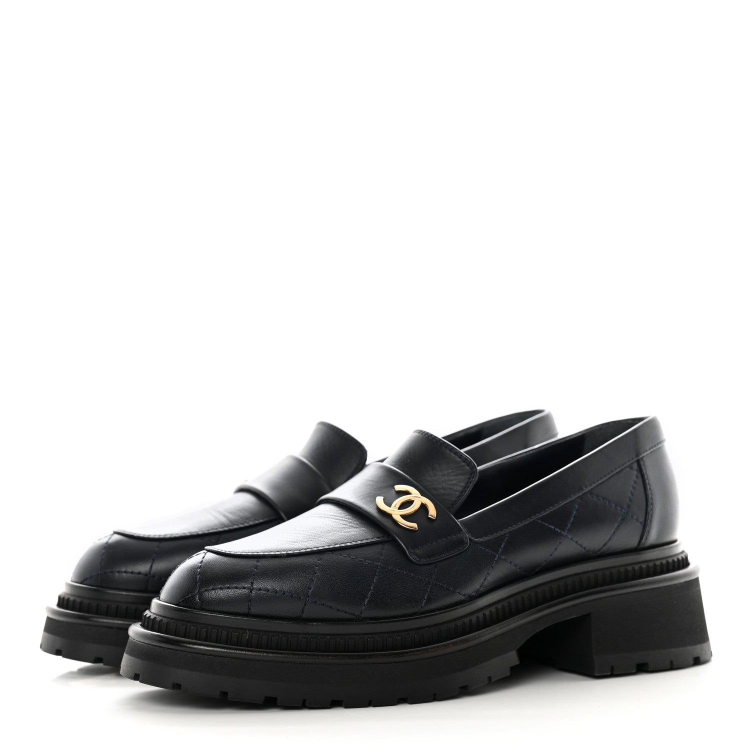 Chanel Calfskin Quilted CC Mocassin Loafers 37 Navy Blue 3 of 11