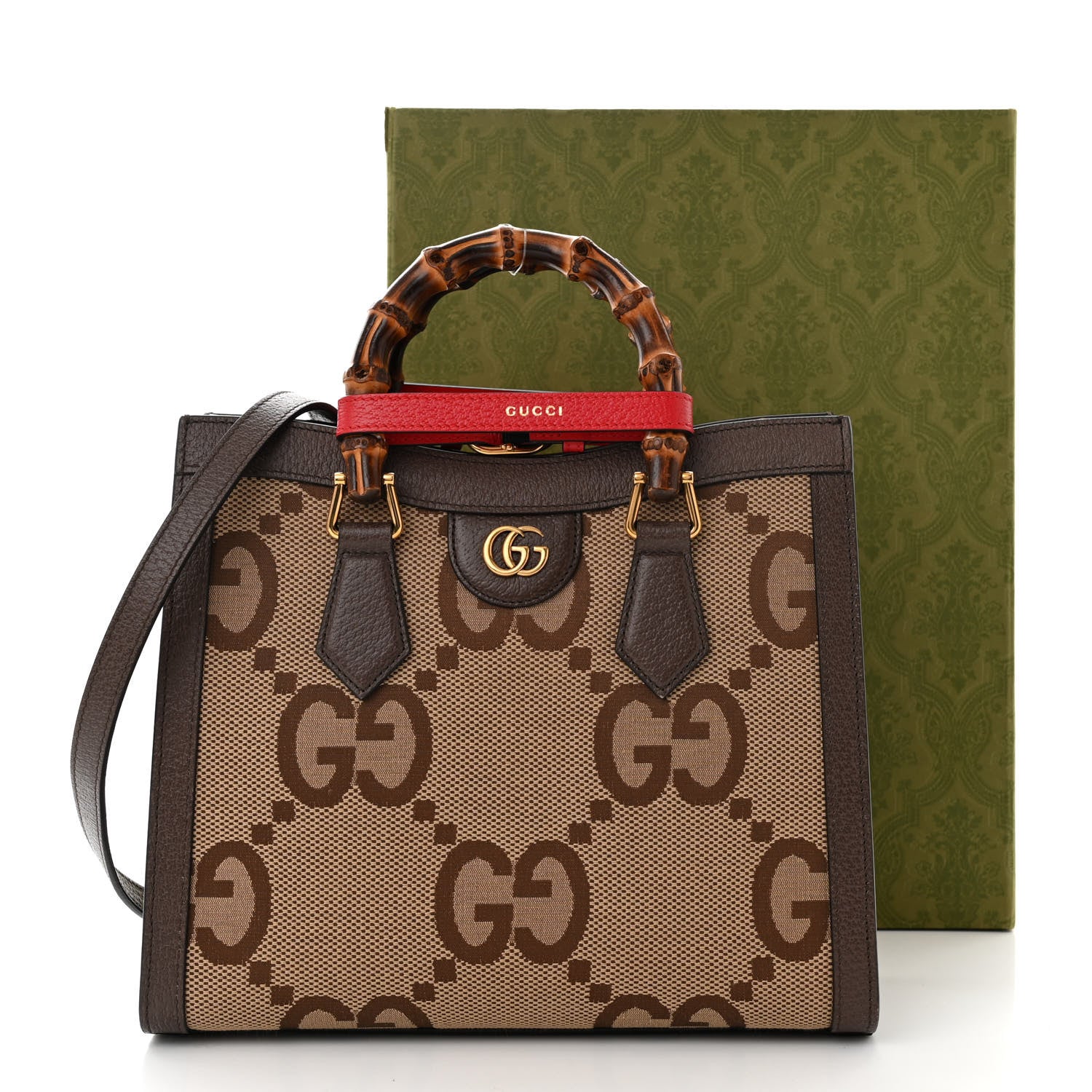 Gucci Monogram Jumbo GG Textured Dollar Calfskin Small Diana Tote Bag Camel Ebony New Acero Pomegranate Red 11 of 11
