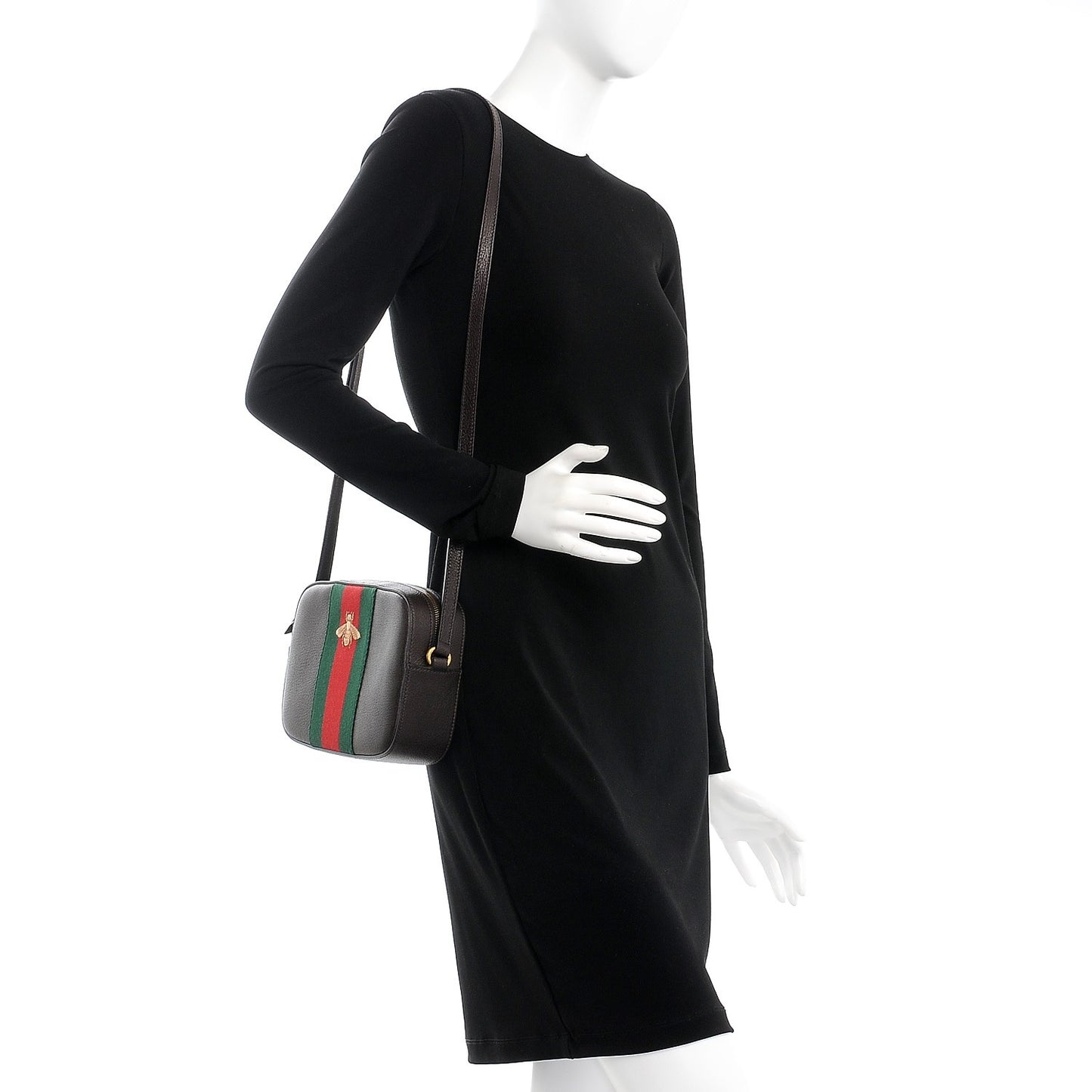 Textured Calfskin Web Small Webby Bee Shoulder Bag Brown Coffee
