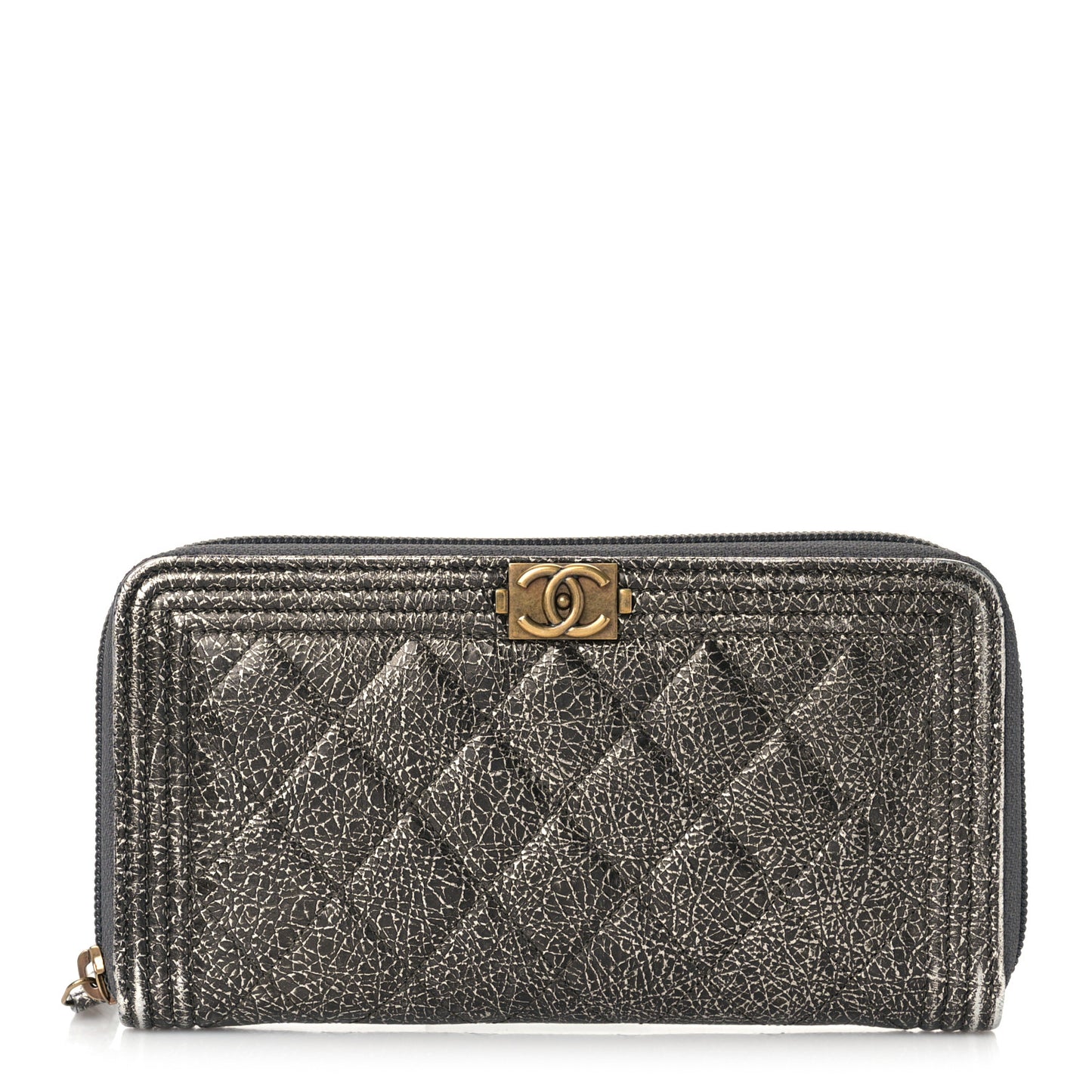 Cracked Metallic Calfskin Quilted Boy Long Zip Around Wallet Dark Silver