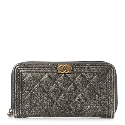 Chanel Cracked Metallic Calfskin Quilted Boy Long Zip Around Wallet Dark Silver 1 of 11