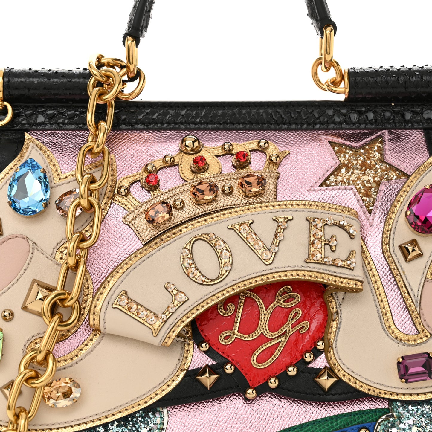 Metallic Calfskin Snakeskin Iguana Embossed Crystal Patch Dauphine Love Miss Sicily Satchel Black Multicolor