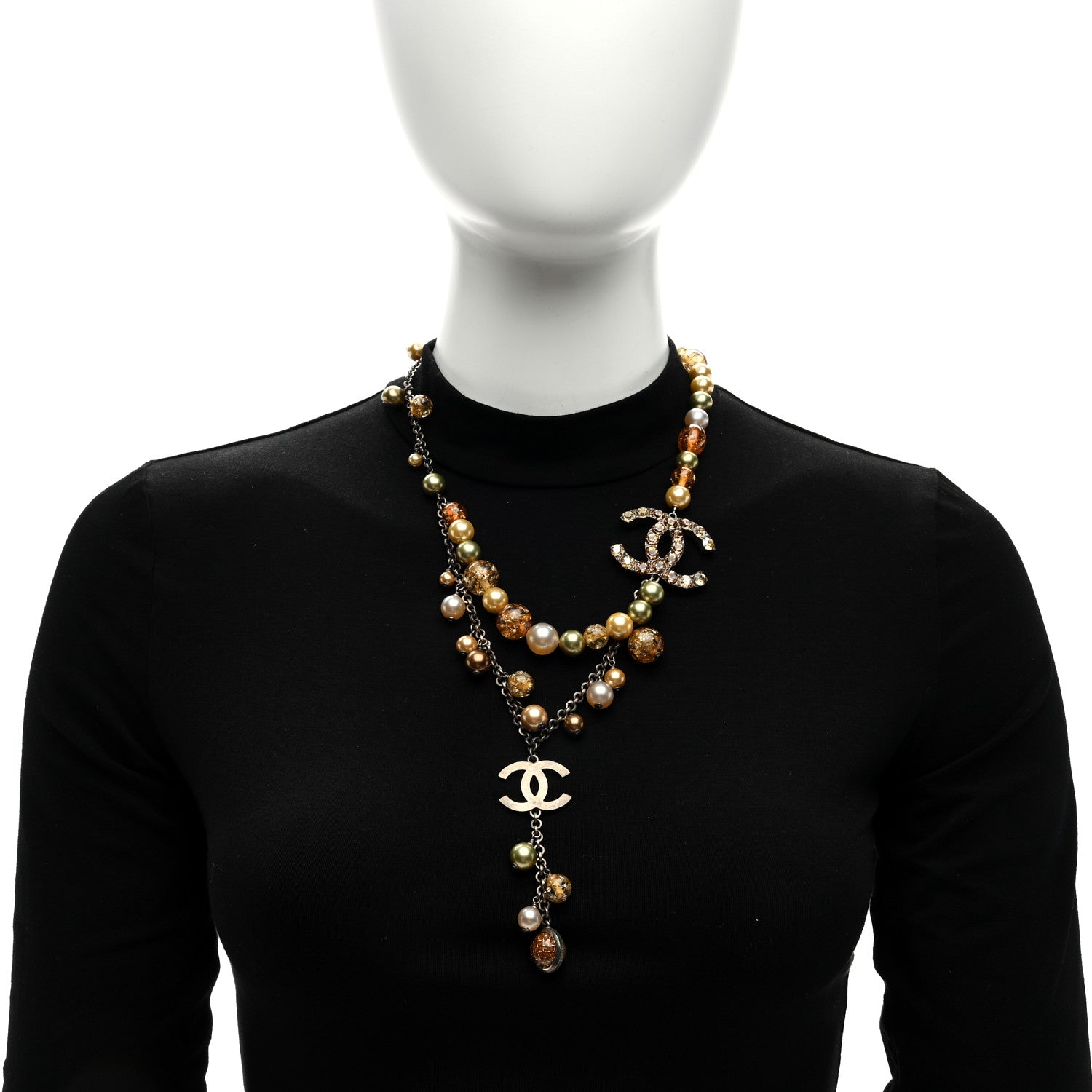 Chanel Pearl Bead Enamel CC Long Necklace Gold Multicolor 3 of 5
