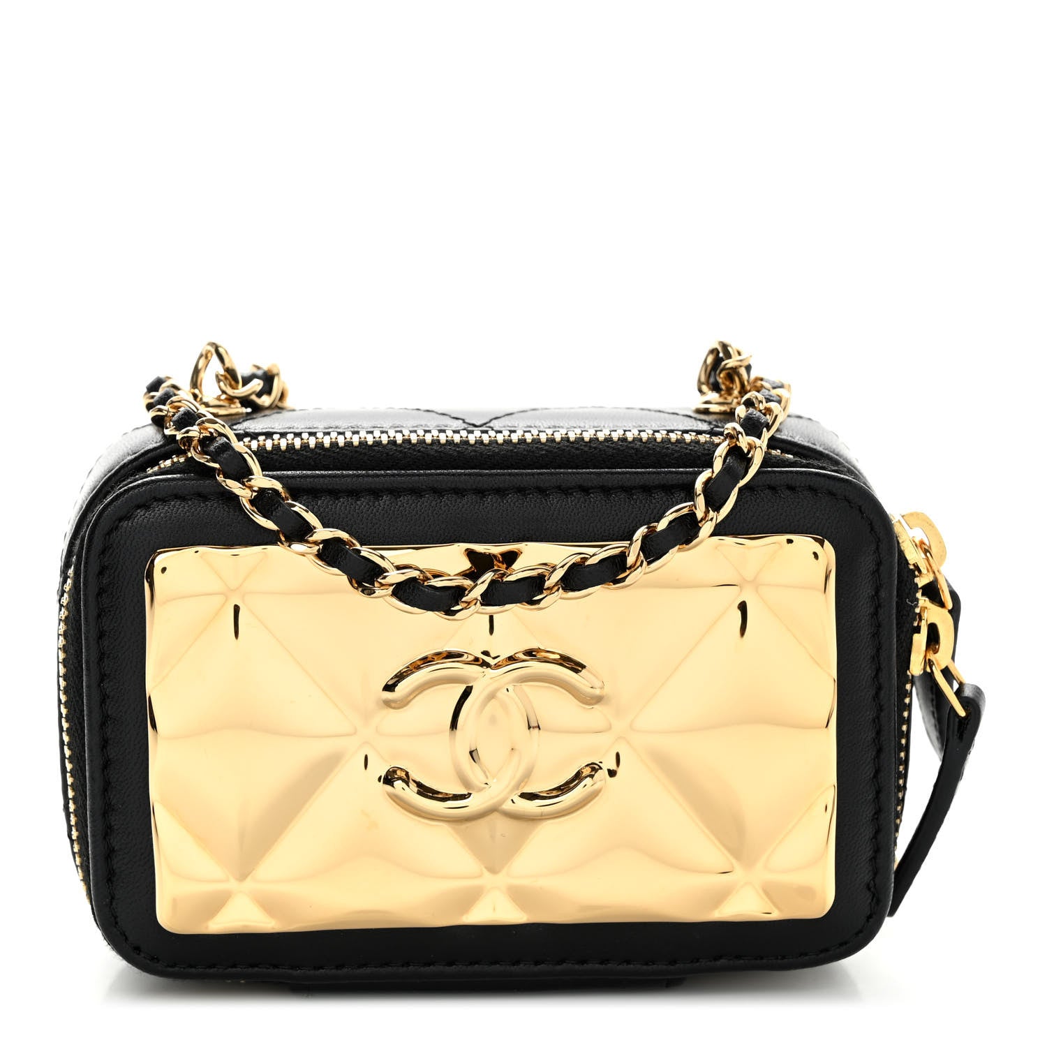 Chanel Lambskin Metal Quilted Extra Mini Vanity Case With Chain Black Gold 1 of 9