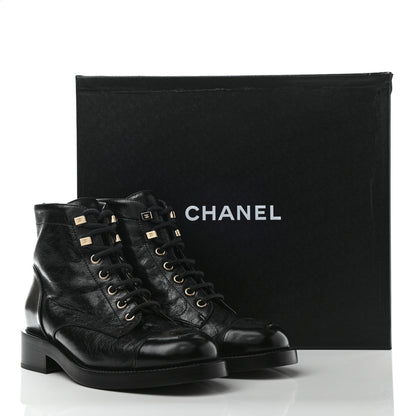 Chanel Crumpled Lambskin Shiny Calfskin Lace Up Combat Boots 36 Black 10 of 10