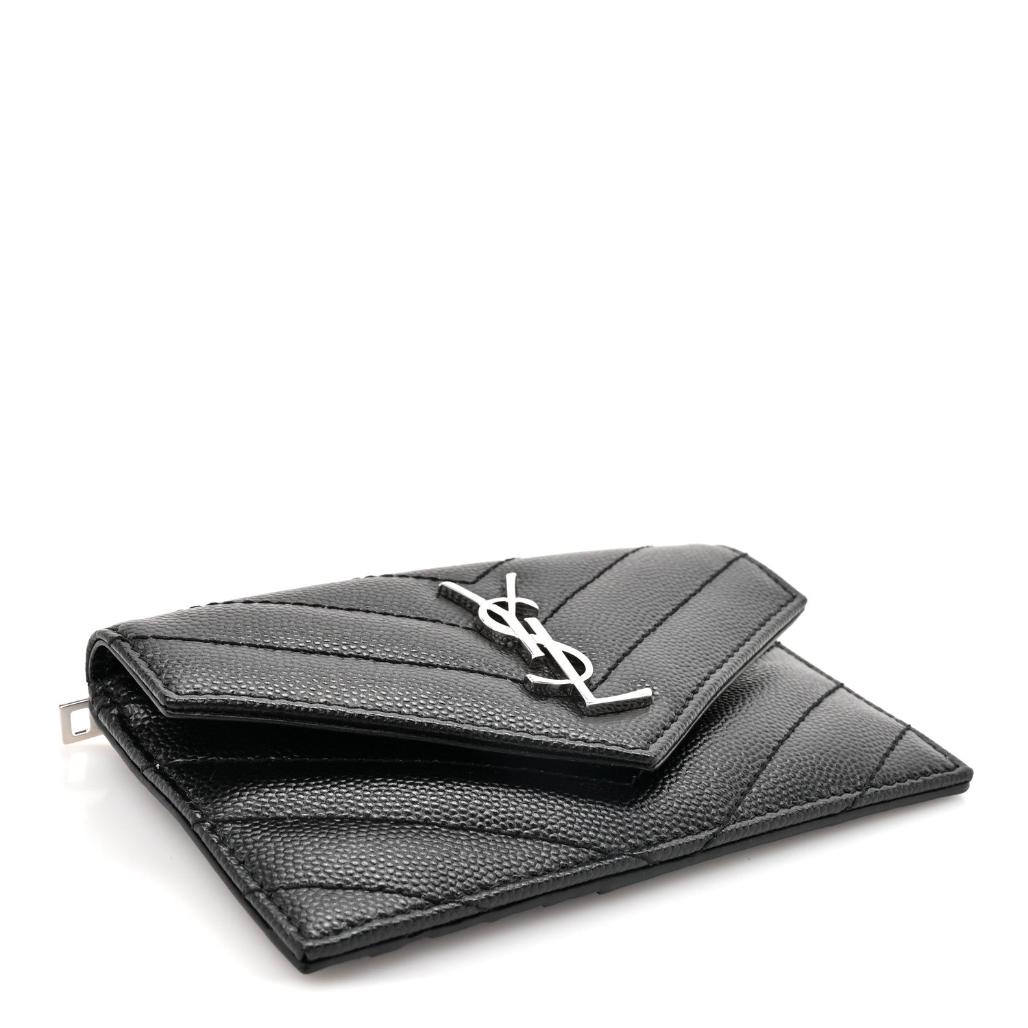 Saint Laurent Grain De Poudre Matelasse Chevron Monogram Compact Wallet Black 4 of 9