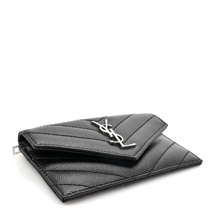 Saint Laurent Grain De Poudre Matelasse Chevron Monogram Compact Wallet Black 4 of 9