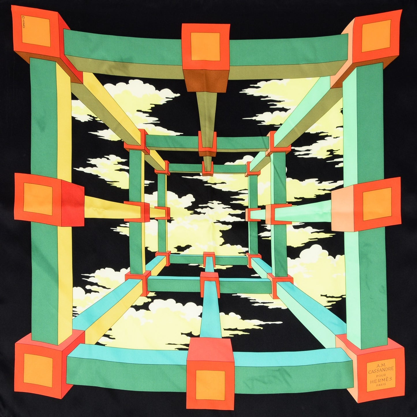Silk Perspective II Cassandre Scarf 70 Noir Vert Rouge Orange