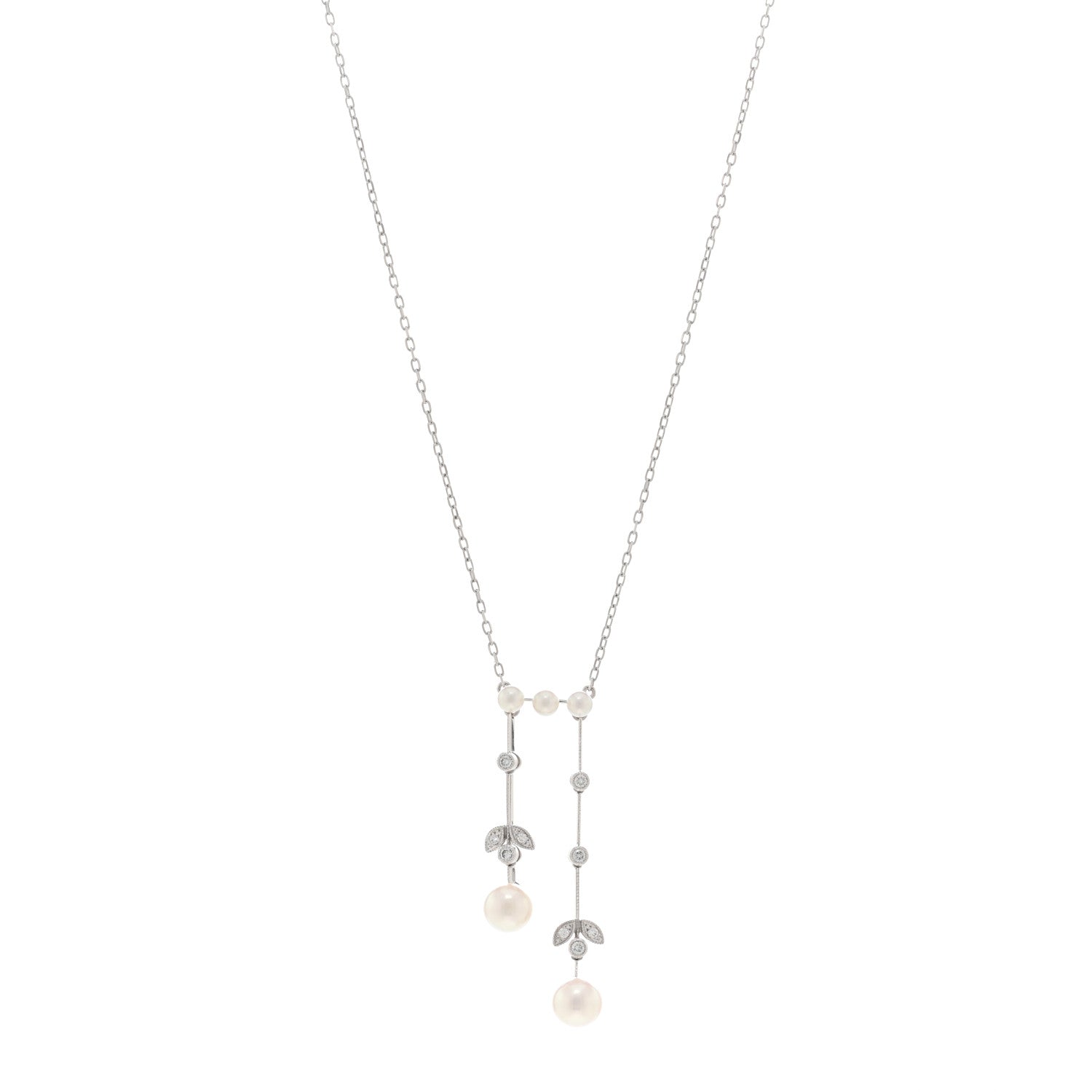 Mikimoto 18K White Gold Diamond Akoya Pearl Olive Chandelier Pendant Necklace 1 of 4