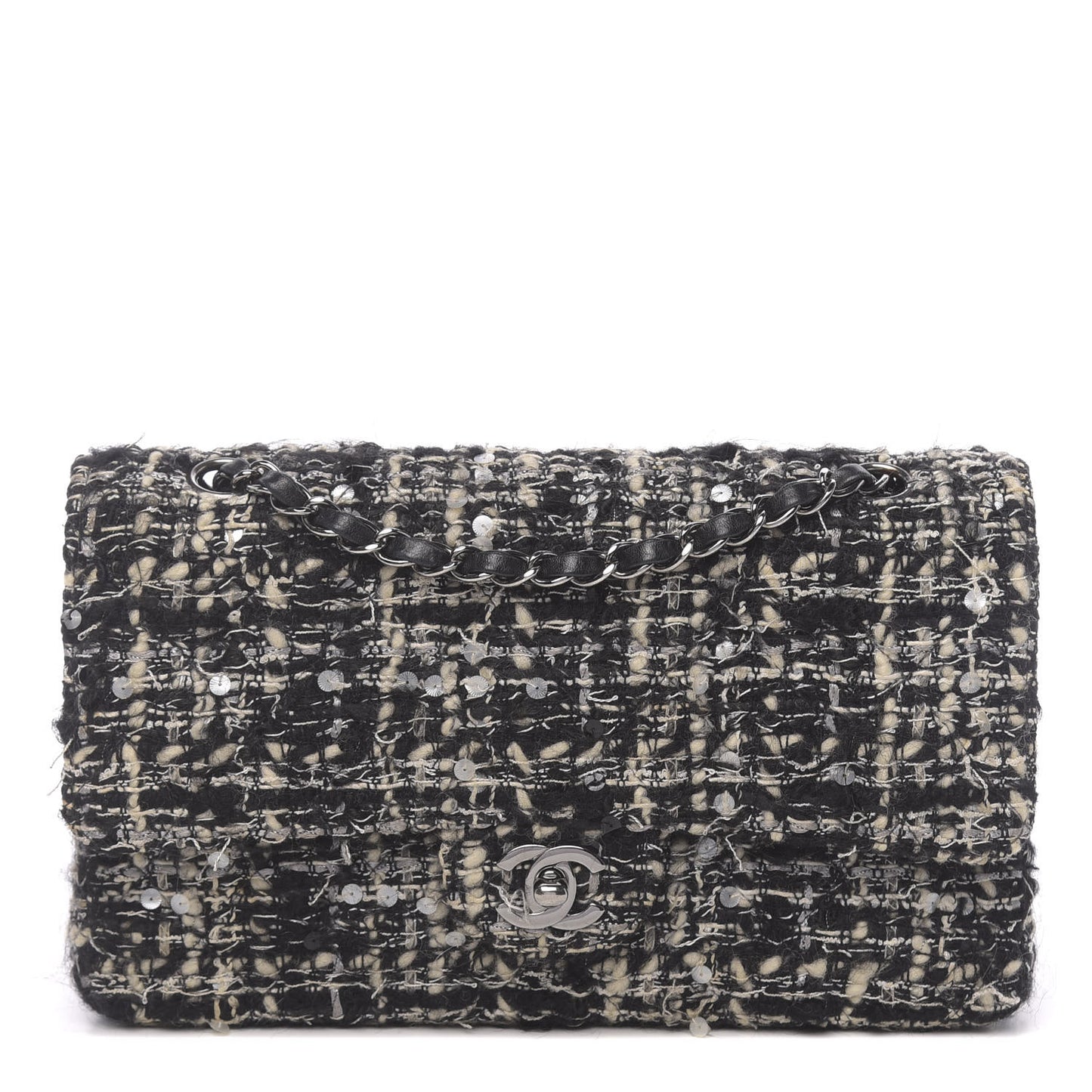 Tweed Sequin Quilted Medium Double Flap Black