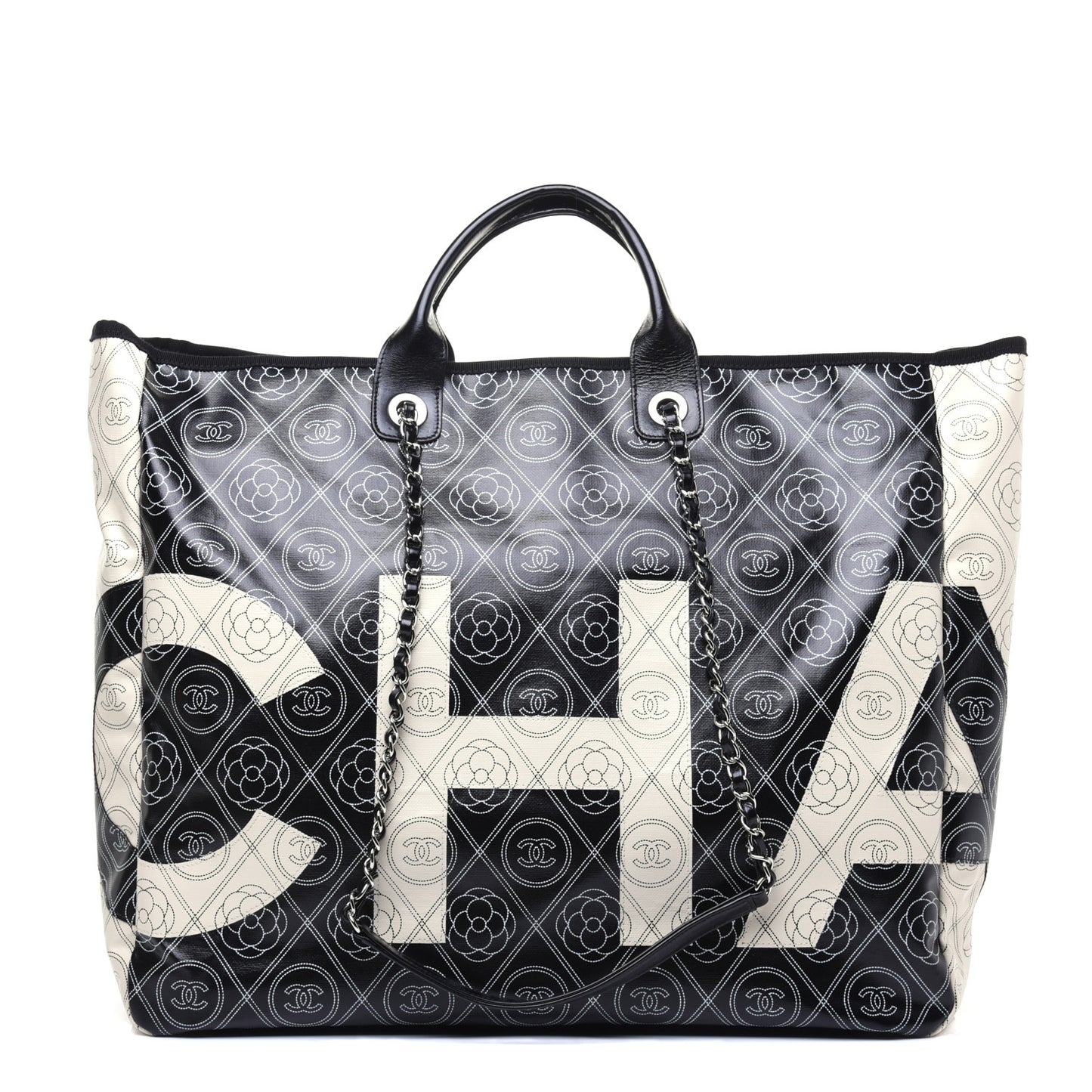 Coated Canvas Camellia Large Shopping Tote Black Beige