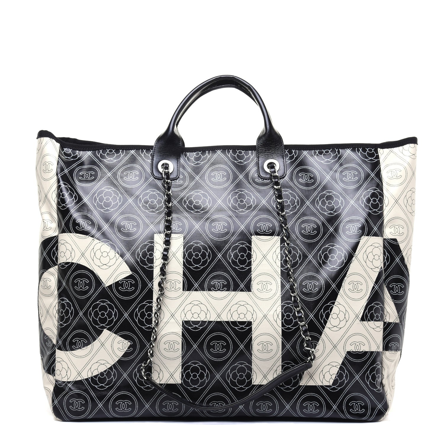 Chanel Coated Canvas Camellia Large Shopping Tote Black Beige 1 of 17