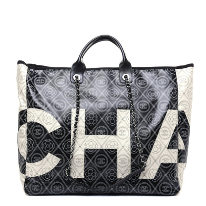 Chanel Coated Canvas Camellia Large Shopping Tote Black Beige 1 of 17