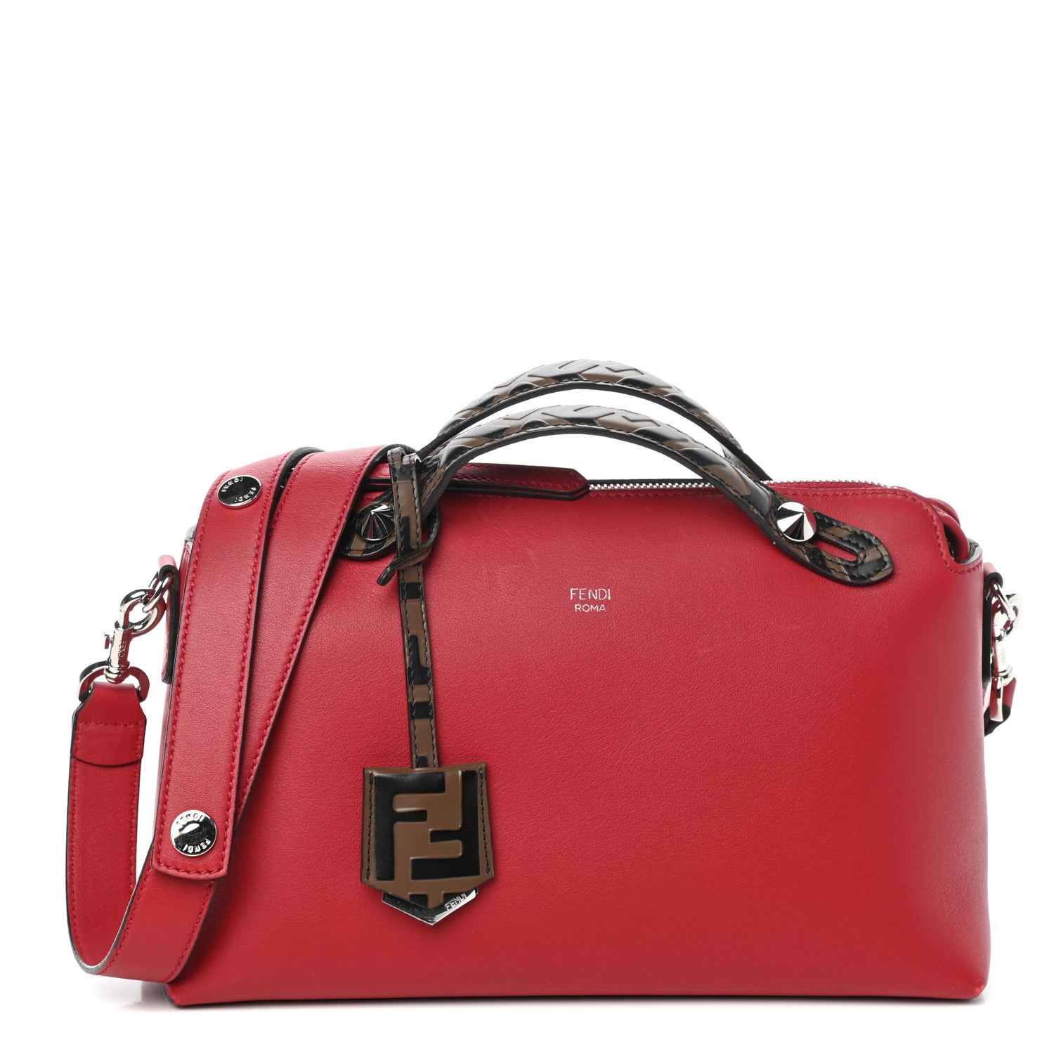 Fendi Vitello Dolce Bi-Color FF 1974 Embossed Medium By The Way Boston Bag Fragola Maya Black 1 of 9