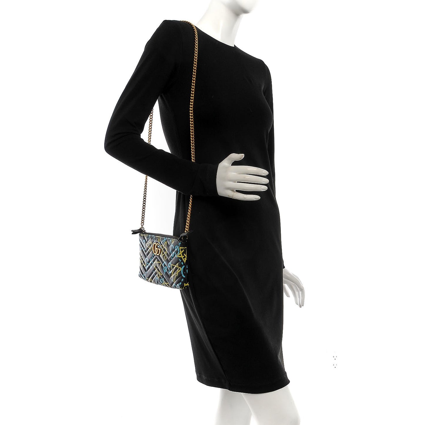 Calfskin Matelasse Printed Mini GucciGhost GG Marmont Chain Bag Black New Acquamarine