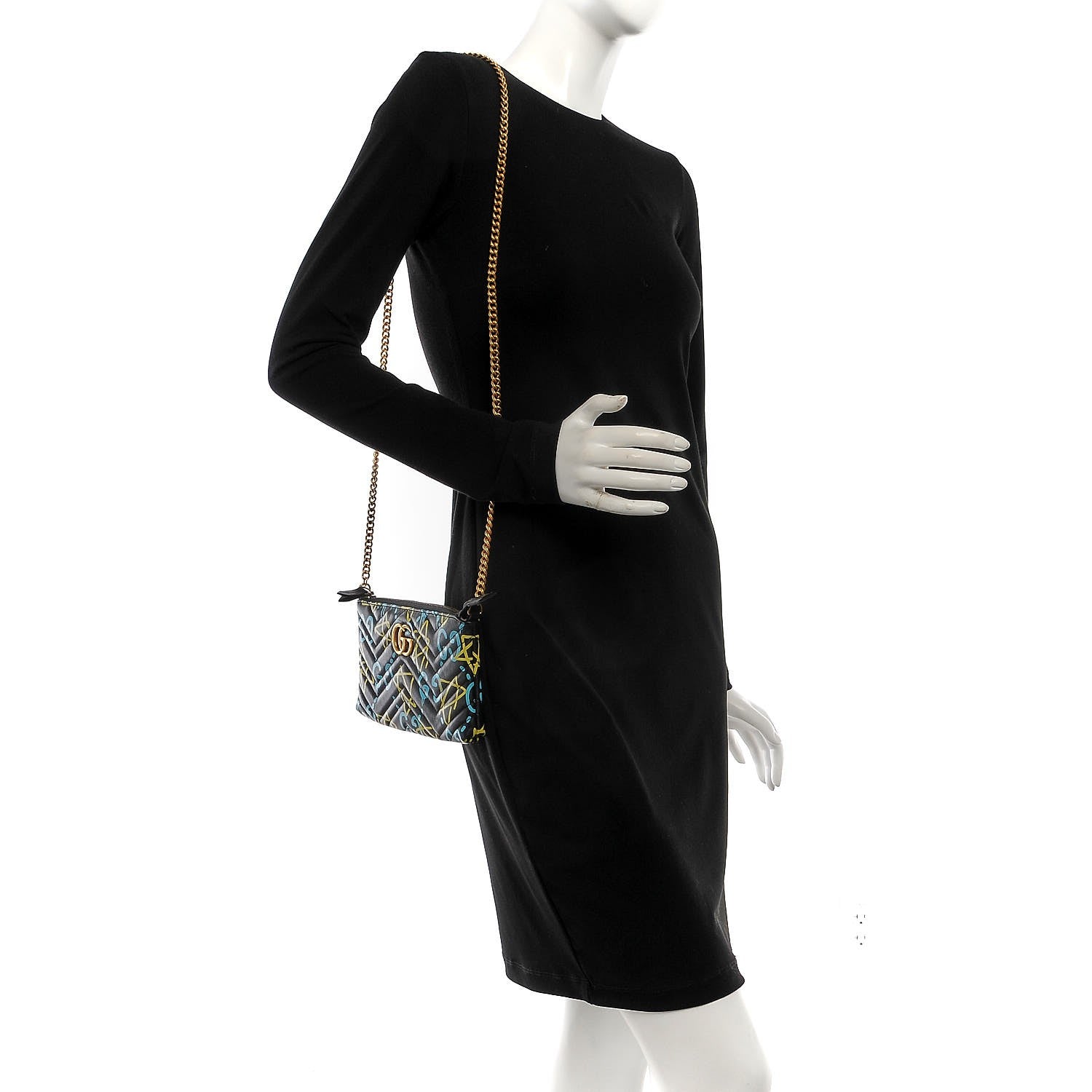 Gucci Calfskin Matelasse Printed Mini GucciGhost GG Marmont Chain Bag Black New Acquamarine 2 of 11