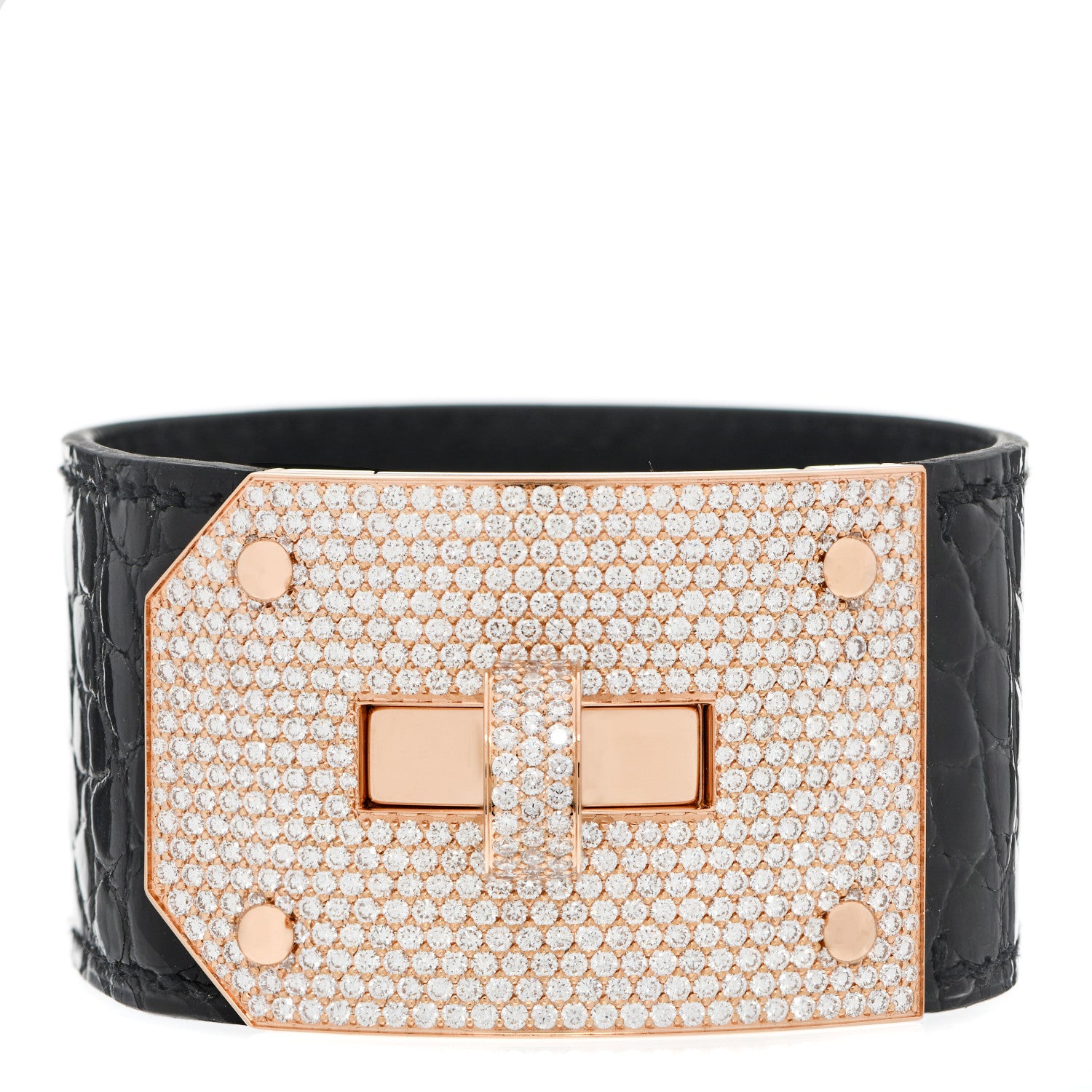 Hermes 18K Rose Gold Shiny Crocodile Diamond Kelly Bracelet Noir 1 of 5
