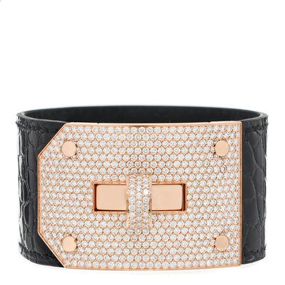 Hermes 18K Rose Gold Shiny Crocodile Diamond Kelly Bracelet Noir 1 of 5