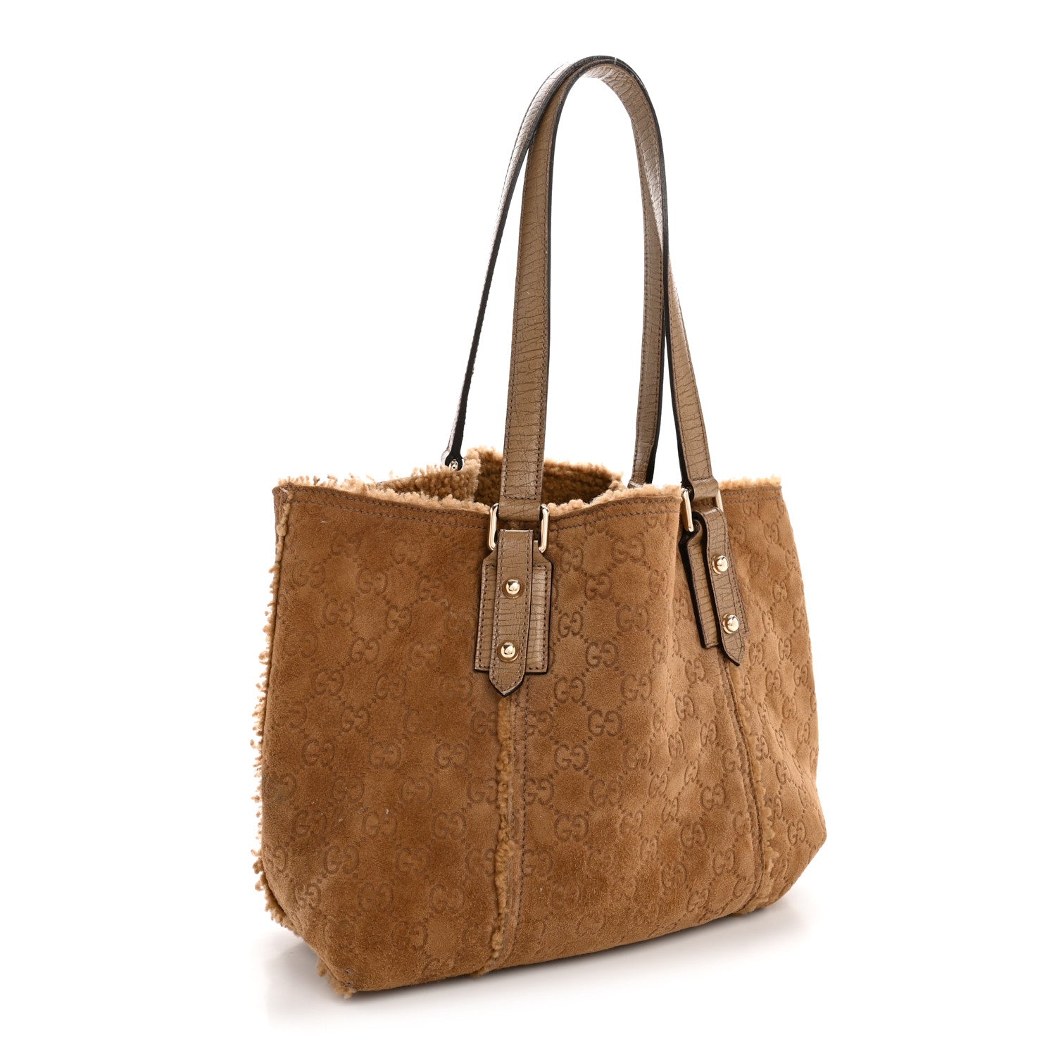 Gucci Suede Shearling Guccissima Large Jolicoeur Tote Tan 4 of 14