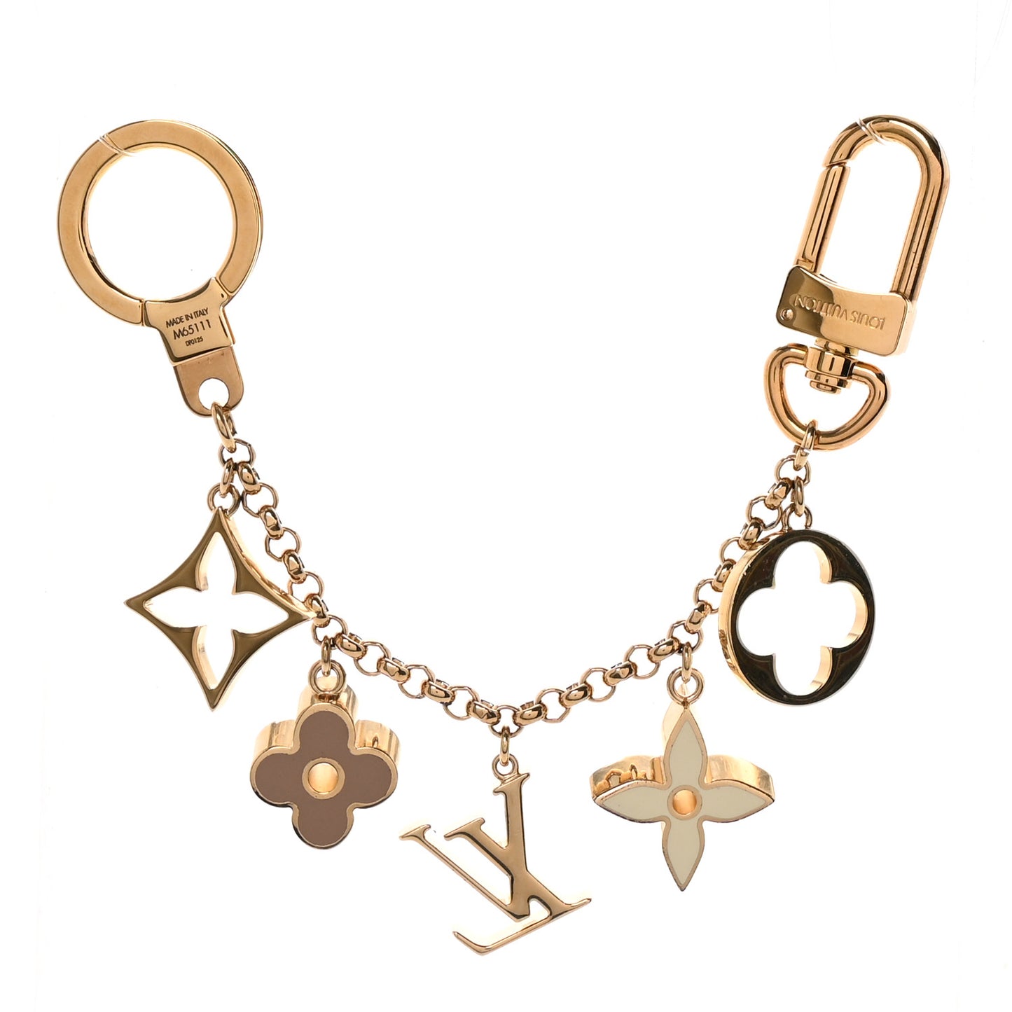 Brass Enamel Fleur De Monogram Bag Charm Chain Gold