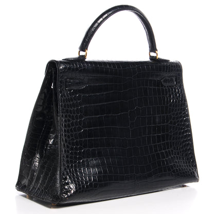 Hermes Shiny Porosus Crocodile Kelly Sellier 32 Black 3 of 9