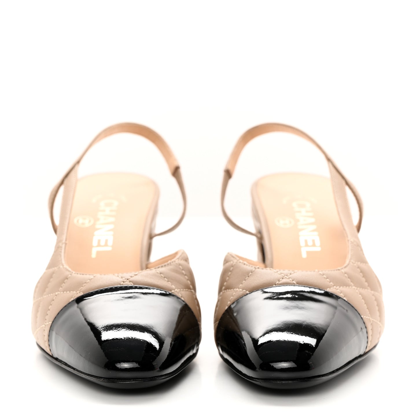 Lambskin Patent Calfskin Quilted Cap Toe CC Slingback Pumps 38 Beige Black