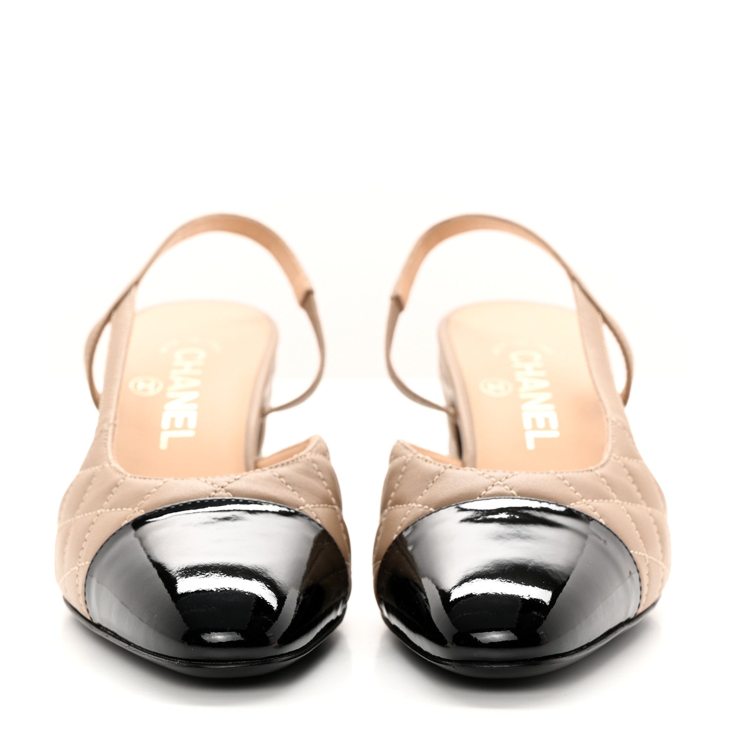 Chanel Lambskin Patent Calfskin Quilted Cap Toe CC Slingback Pumps 38 Beige Black 2 of 9