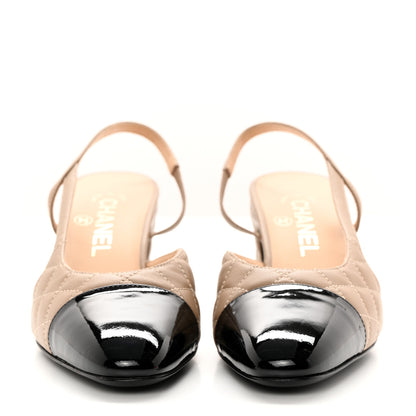 Chanel Lambskin Patent Calfskin Quilted Cap Toe CC Slingback Pumps 38 Beige Black 2 of 9