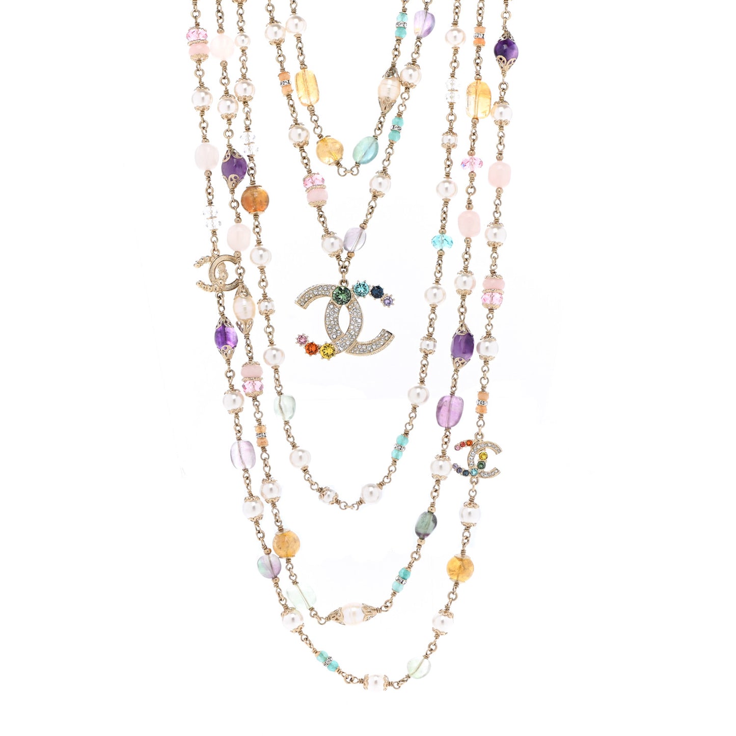 Pearl Crystal Over The Rainbow CC Multi Strand Necklace Gold Multicolor