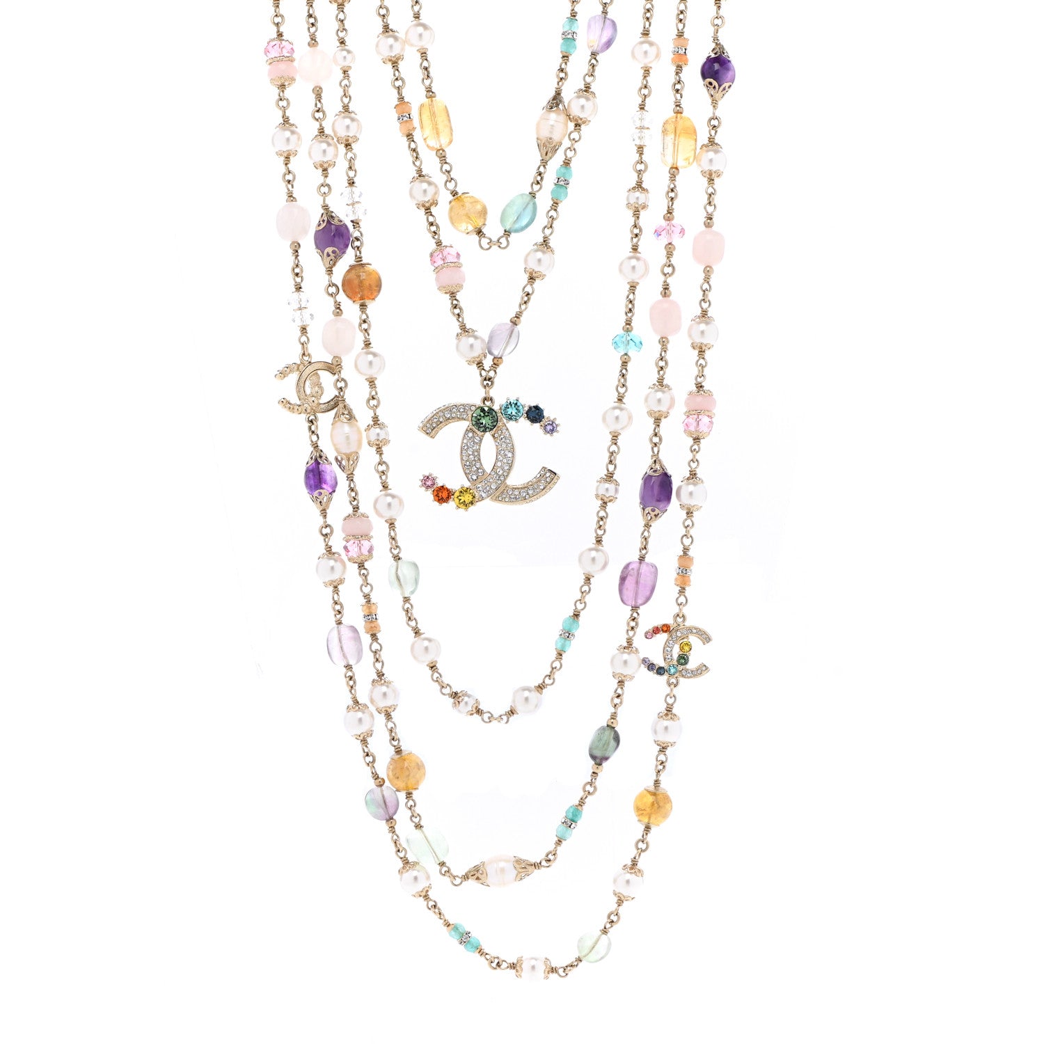 Chanel Pearl Crystal Over The Rainbow CC Multi Strand Necklace Gold Multicolor 1 of 7
