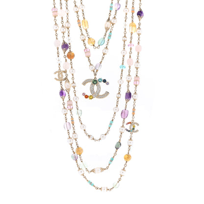 Chanel Pearl Crystal Over The Rainbow CC Multi Strand Necklace Gold Multicolor 1 of 7