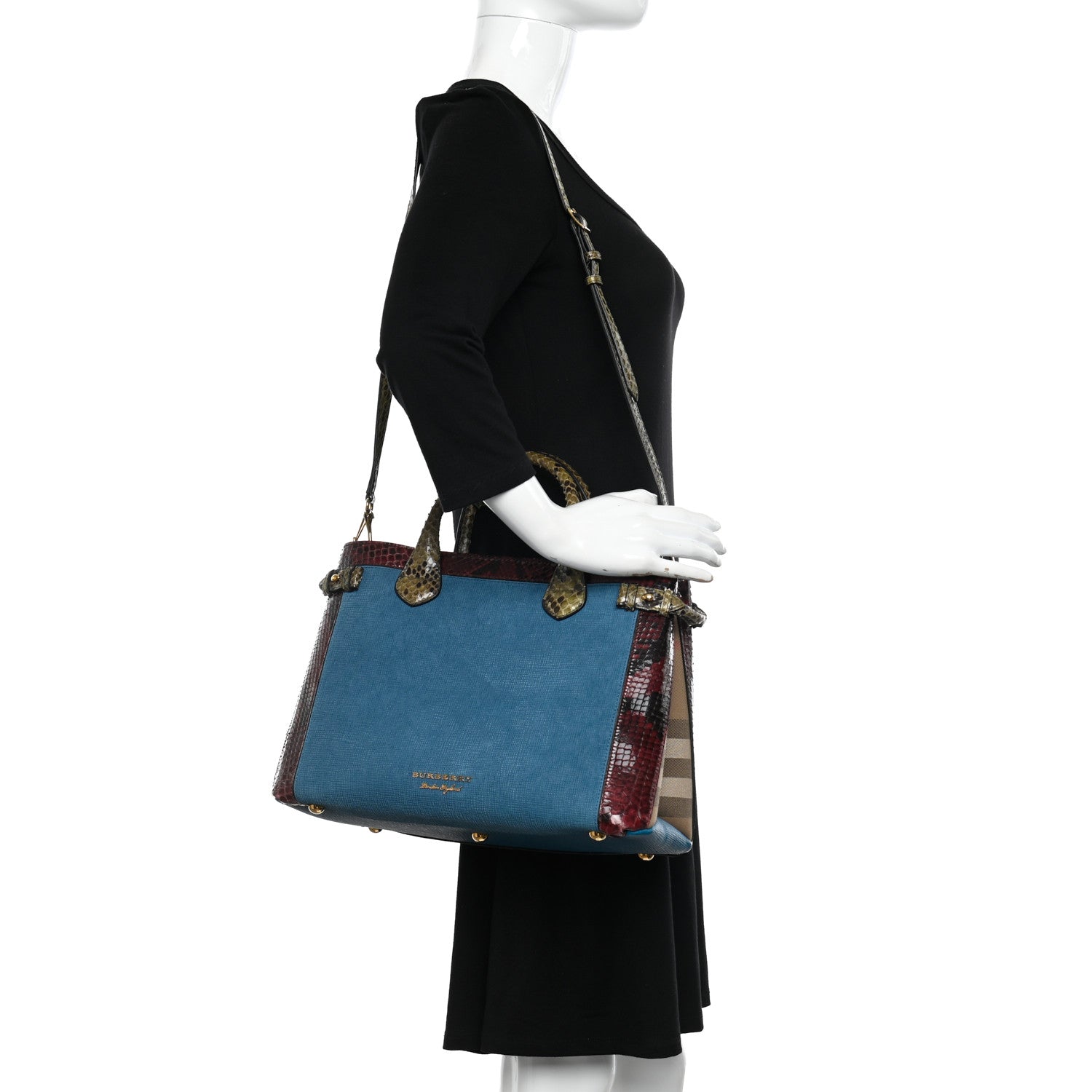 Burberry Snakeskin Textured Calfskin House Check Medium Banner Tote Blue 2 of 13